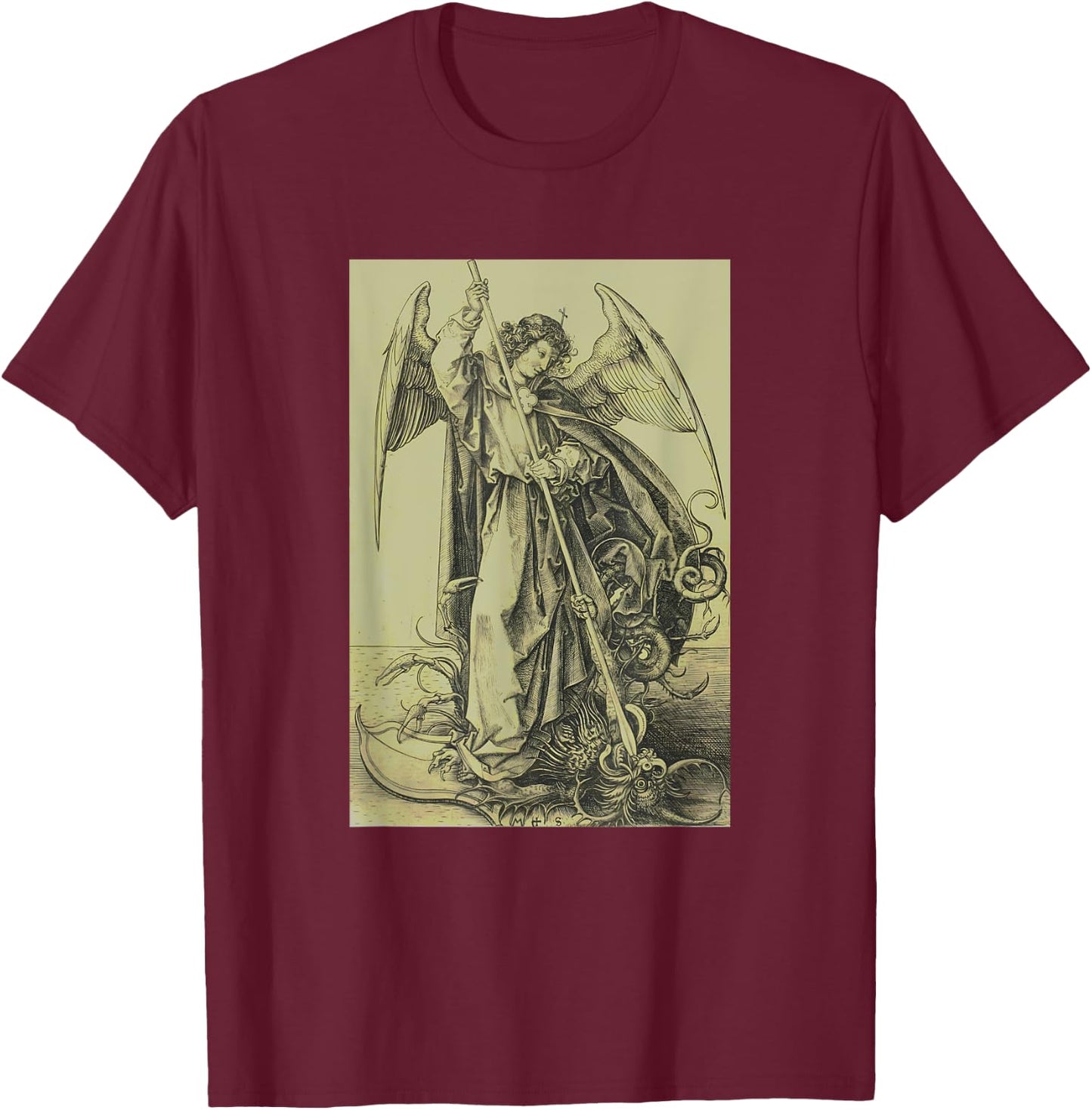 Archangel Michael Piercing Dragon Satan Martin Schongauer T-Shirt - T-Shirt | Maroon