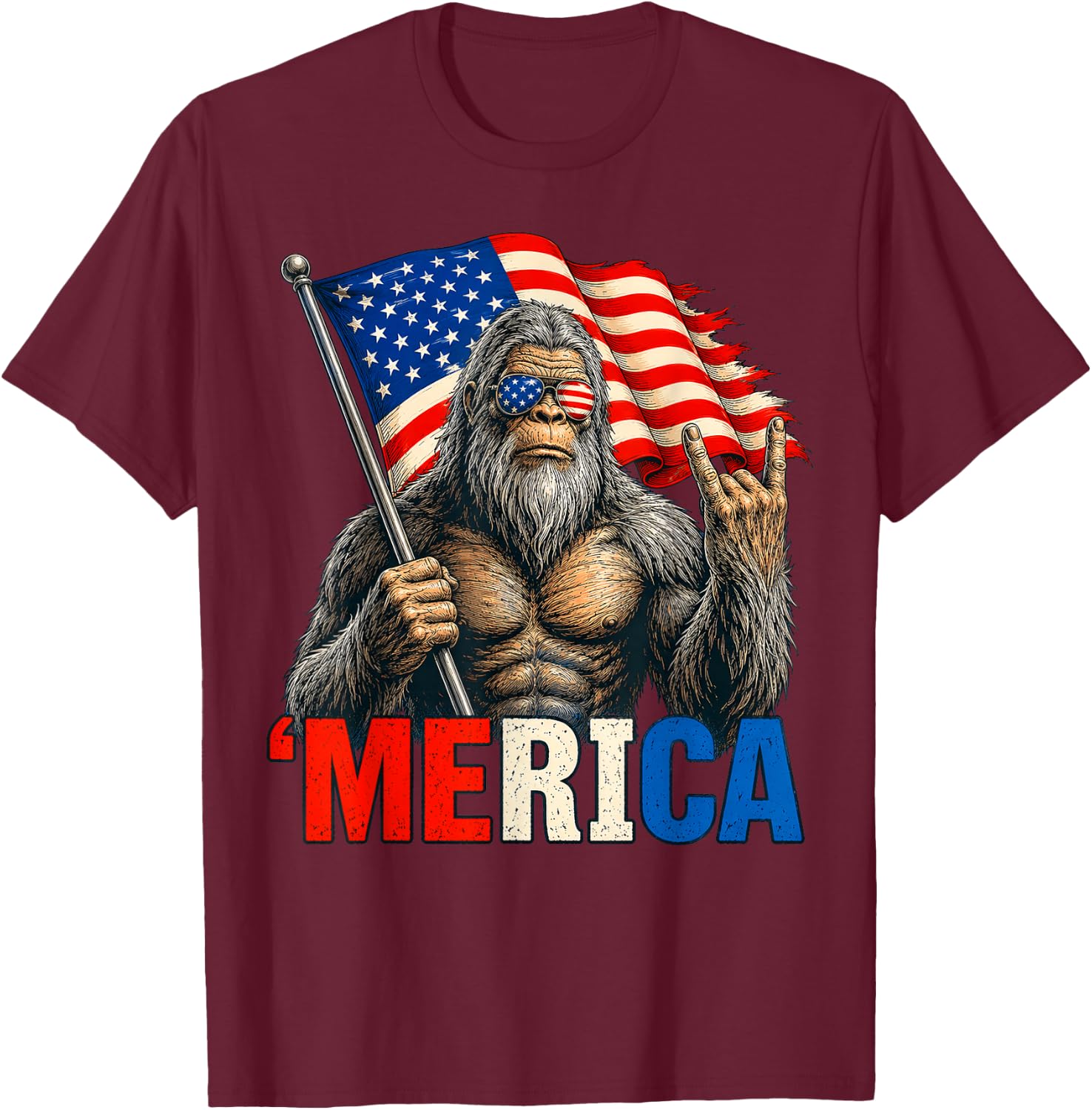 Bigfoot Merica Rock American Flag Patriotic 4th of July T-Shirt - T-Shirt | Maroon