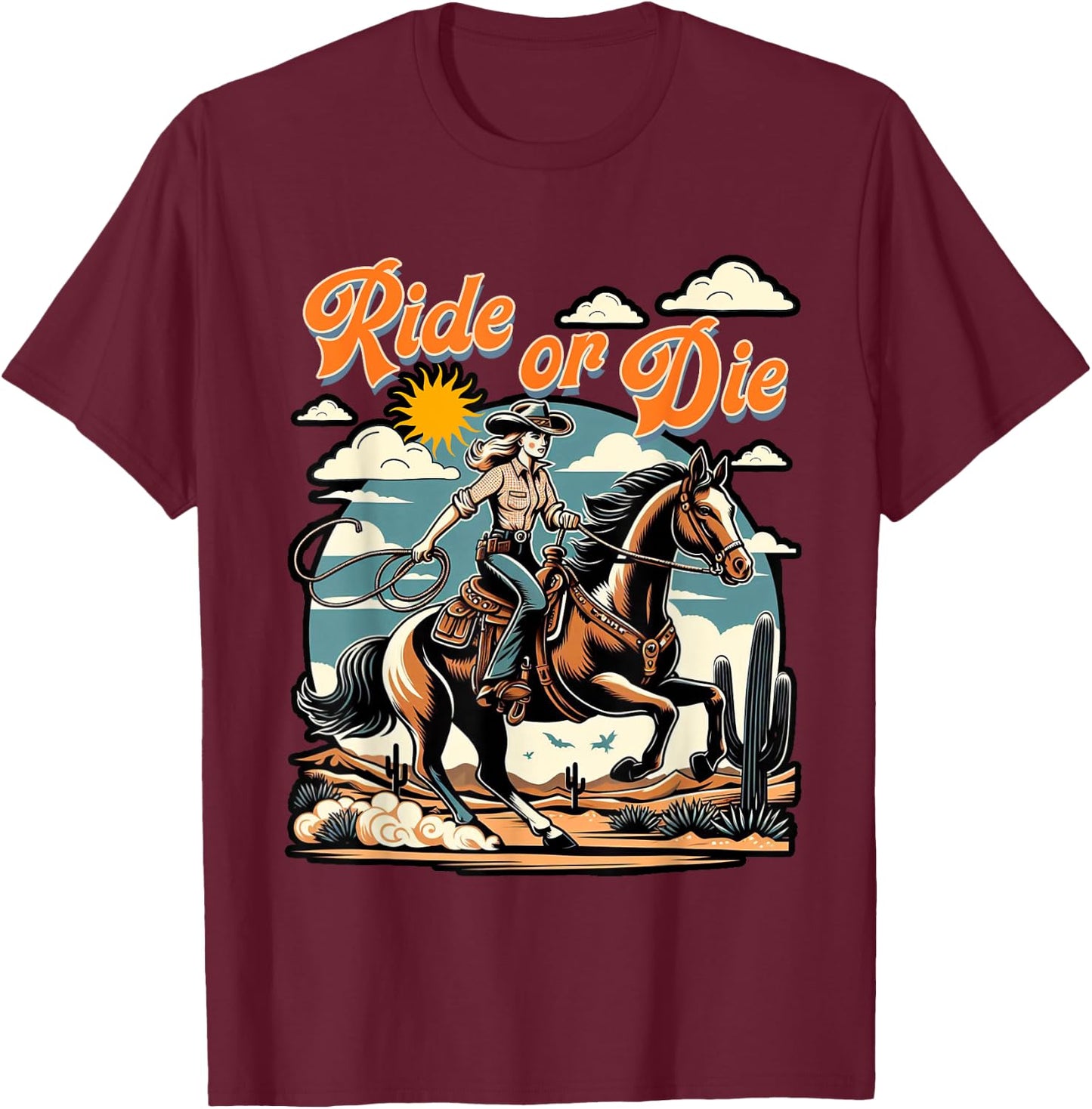 Vintage 1950s Cowgirl Horse Ride Or Die Country Western Life T-Shirt - T-Shirt | Maroon