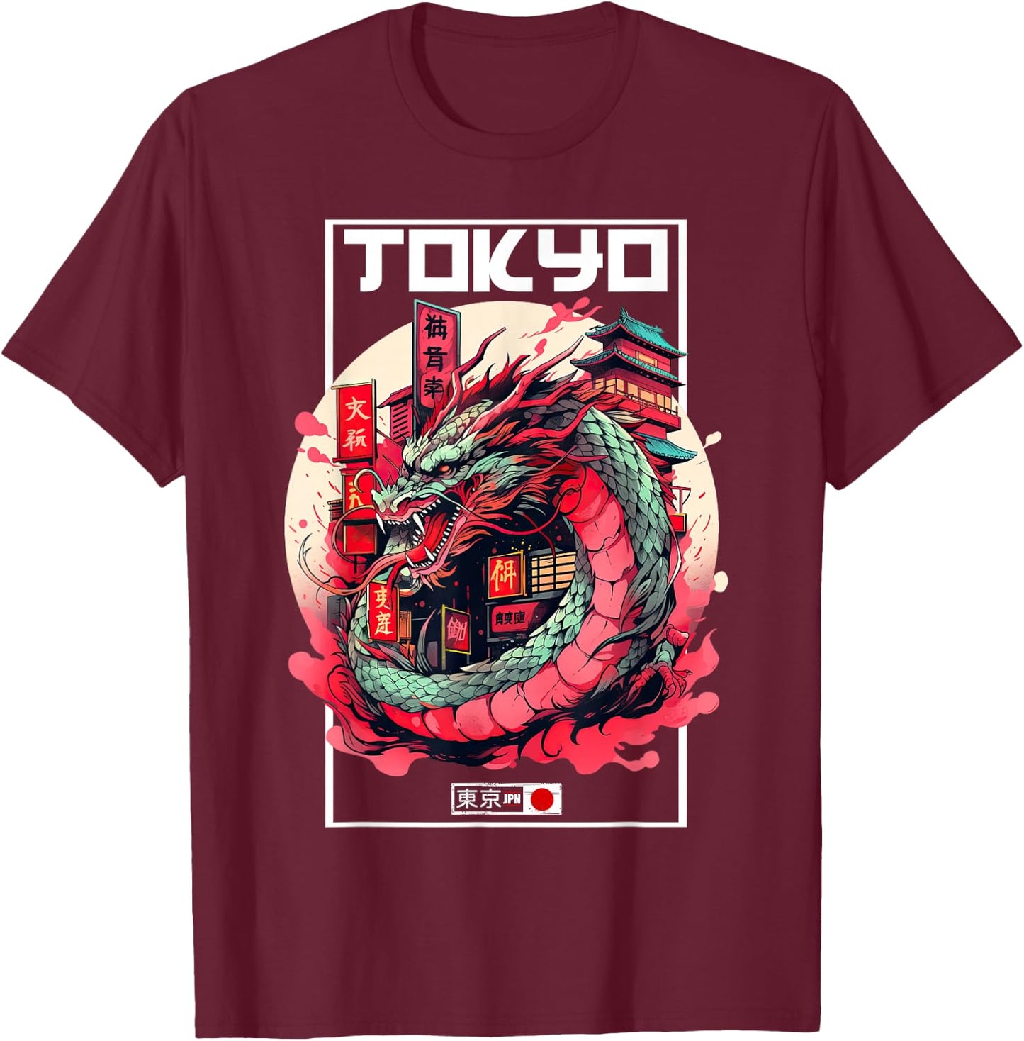 Tokyo Asian inspired vintage style 80s retro Japanese Dragon T-Shirt - T-Shirt | Maroon