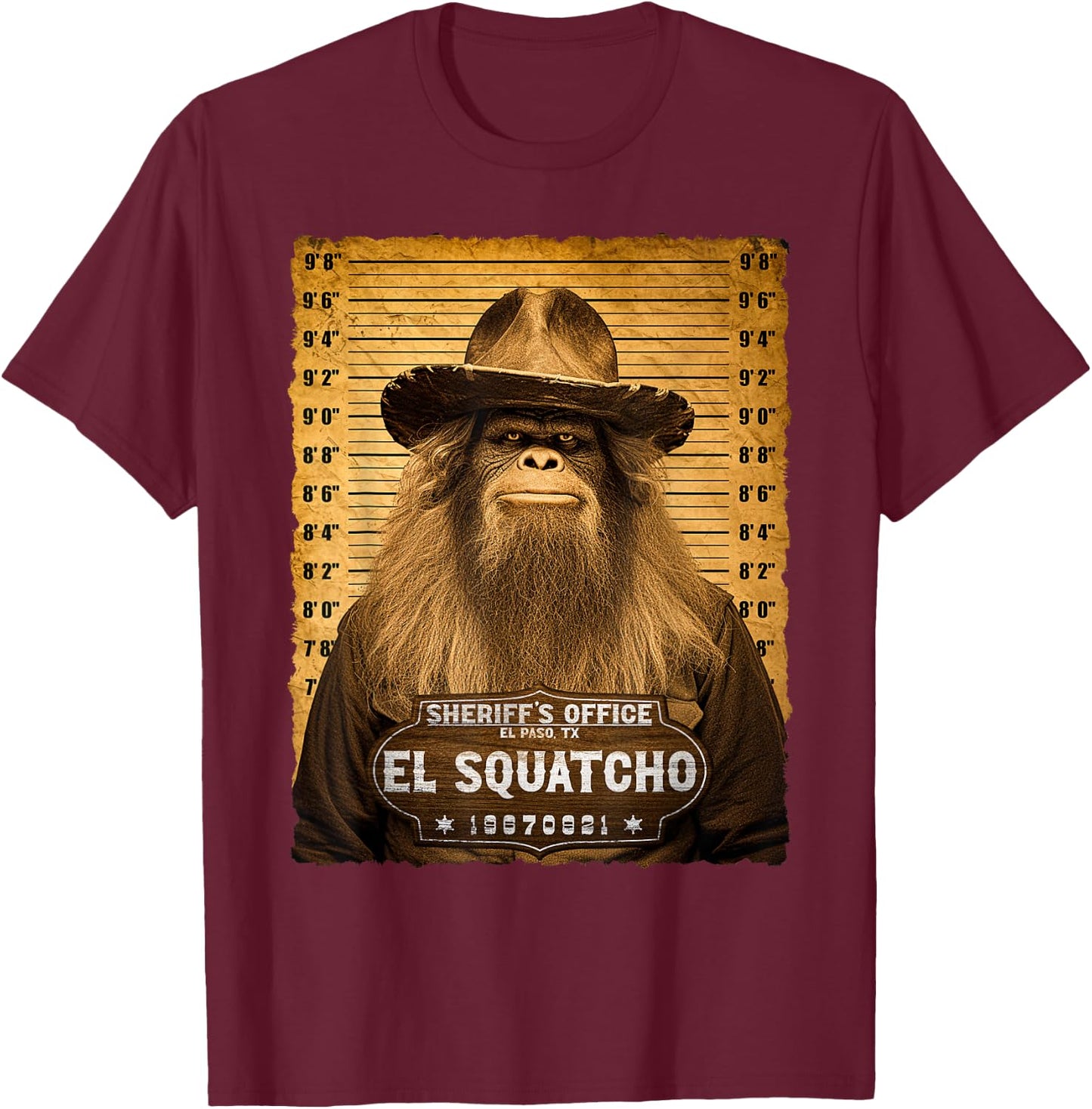 Funny Wanted El Squatcho - Sasquatch Bigfoot Lover Mugshot T-Shirt - T-Shirt | Maroon