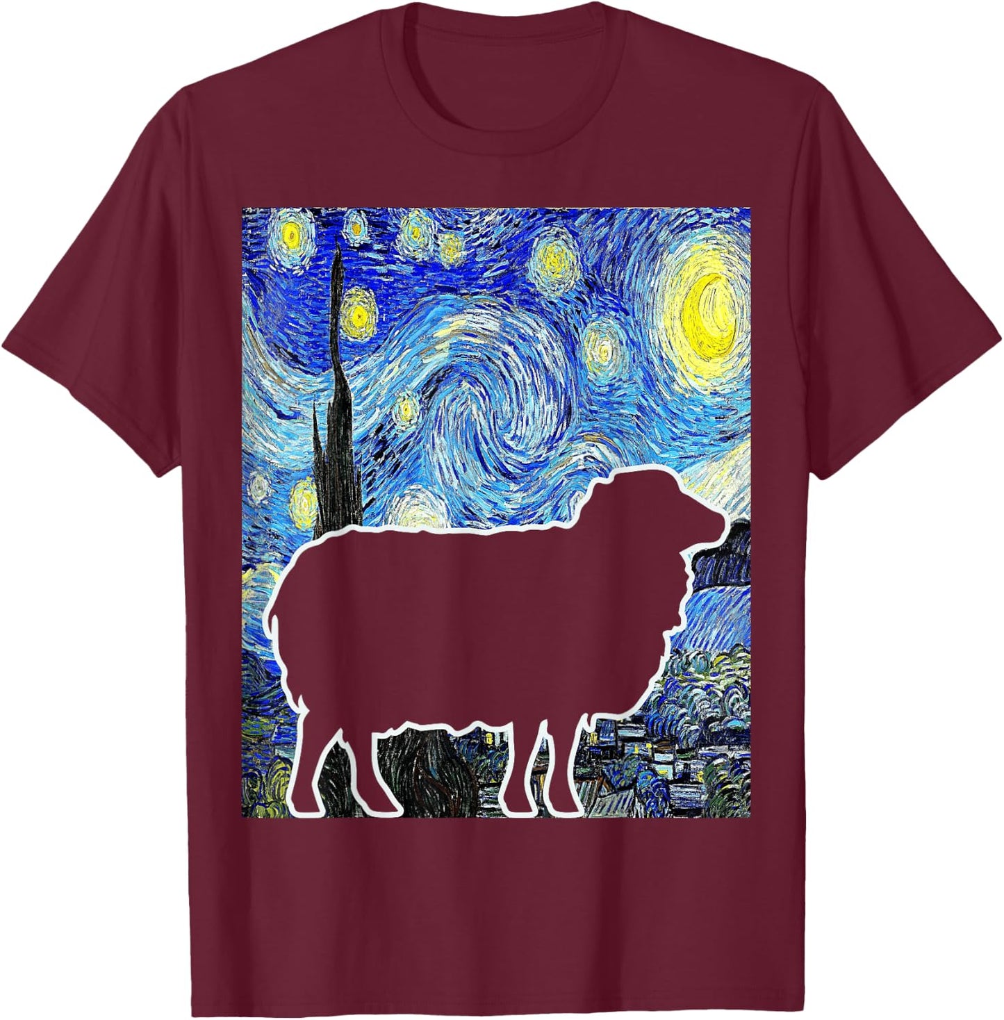 Sheep Starry Night Van Gogh Funny Sheep Farmer Lamb T-Shirt - T-Shirt | Maroon