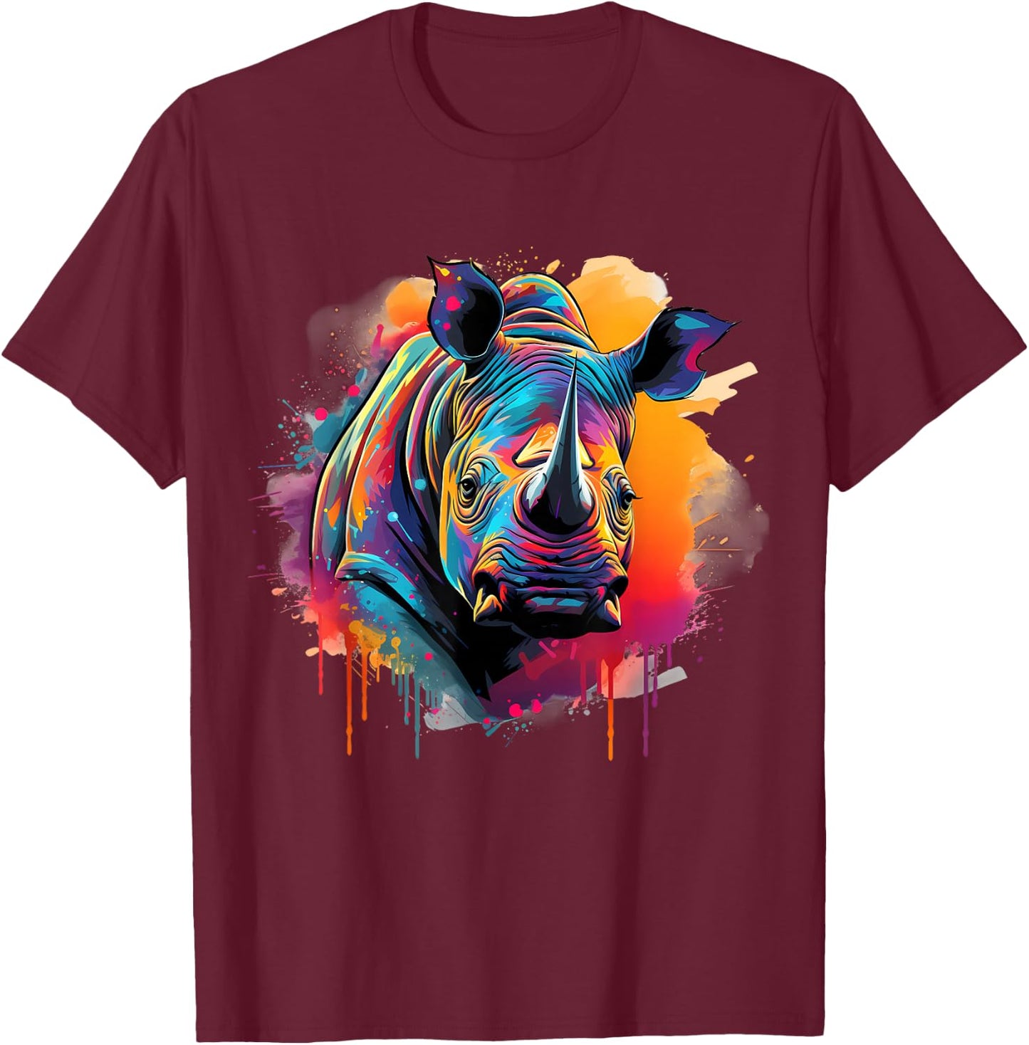 Rhinoceros Artwork Portrait Animal Art Colorful Splash Rhino T-Shirt - T-Shirt | Maroon