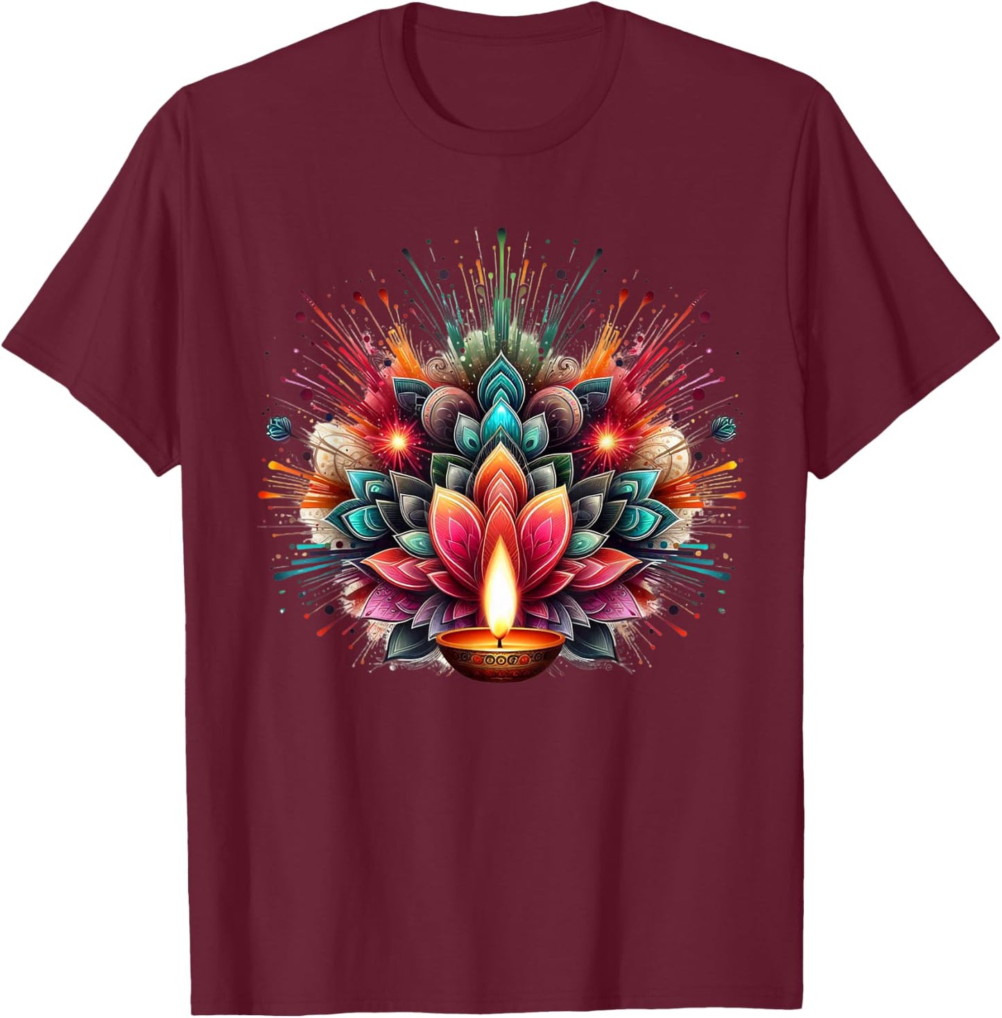 PV Mata Diwali Diya Explosion of Colors -Adults , Black, Small, Short Sleeve T-Shirt - T-Shirt | Maroon