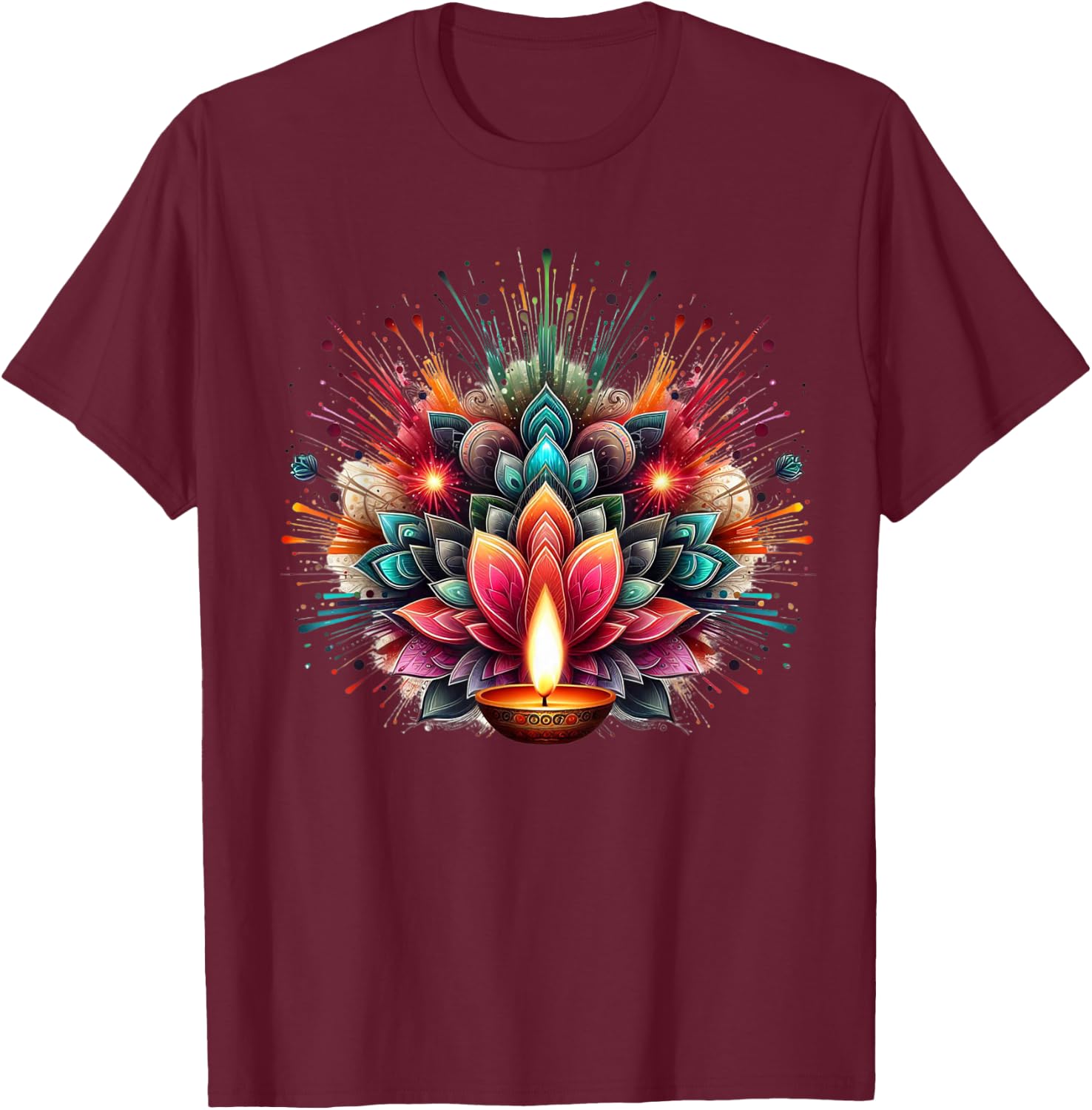 PV Mata Diwali Diya Explosion of Colors -Adults , Black, Small, Short Sleeve T-Shirt - T-Shirt | Maroon