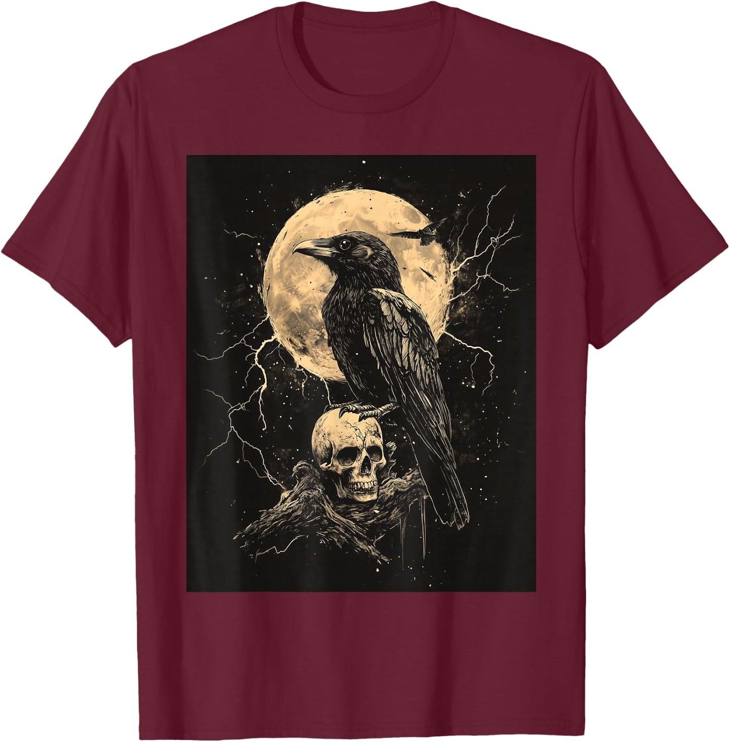 Raven Skull Moon Scary Black Gothic Spooky Women Black Crow T-Shirt - T-Shirt | Maroon