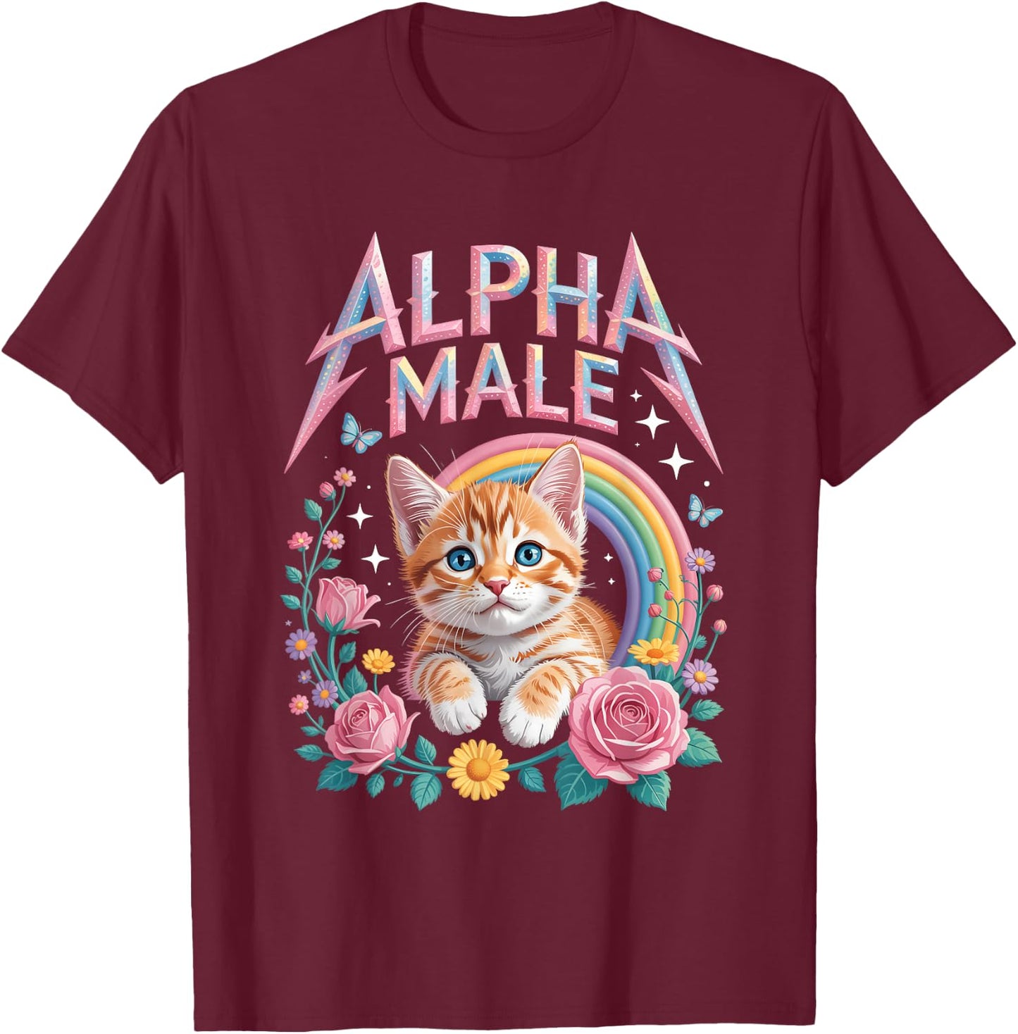 Alpha a Male Ingwer Kätzchen Regenbogen Blumen Kitty Katzenliebhaber T-Shirt - T-Shirt | Maroon
