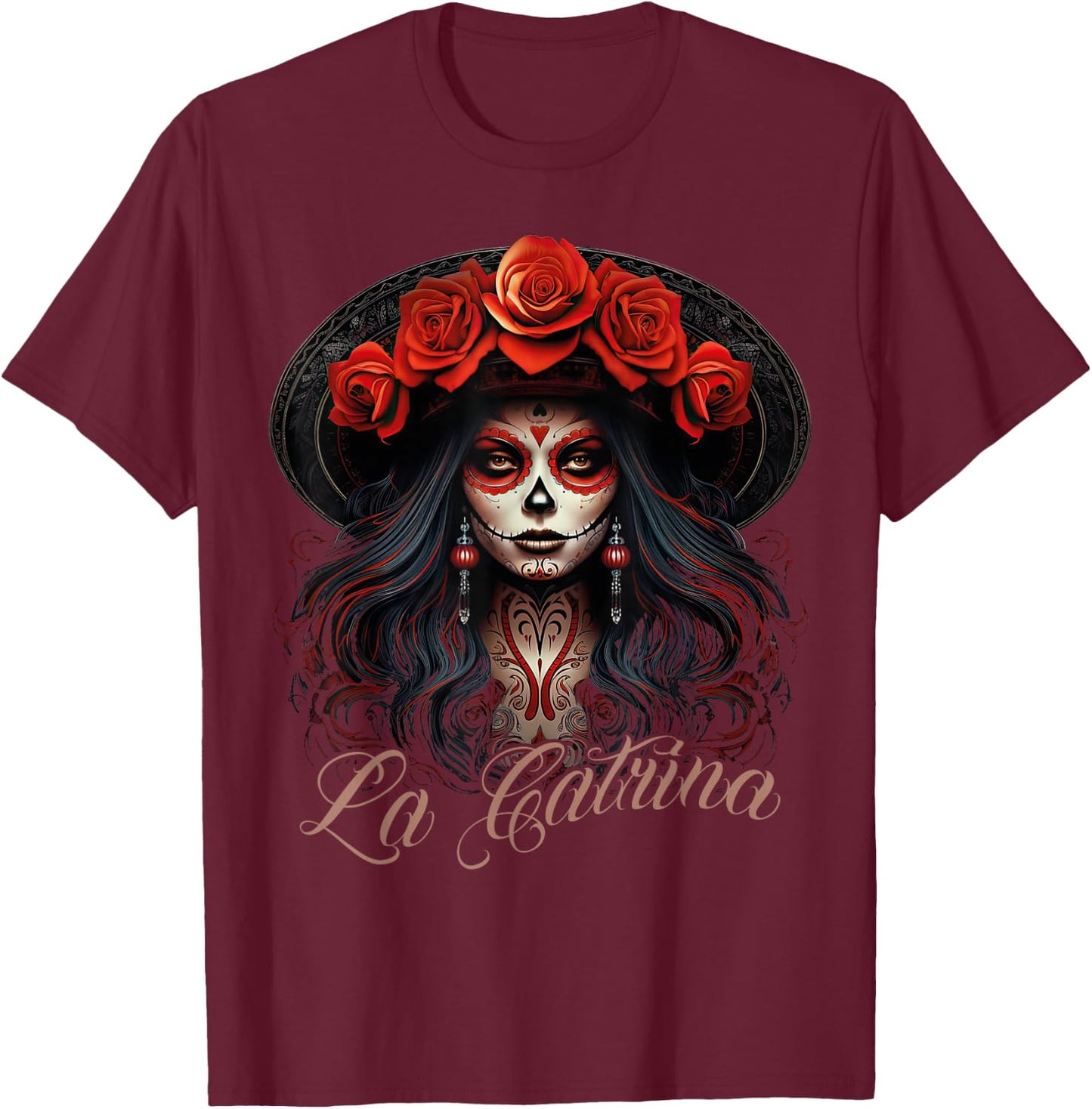 La Catrina Cool Dia De Los Muertos Design La Catrina , black T-Shirt - T-Shirt | Maroon