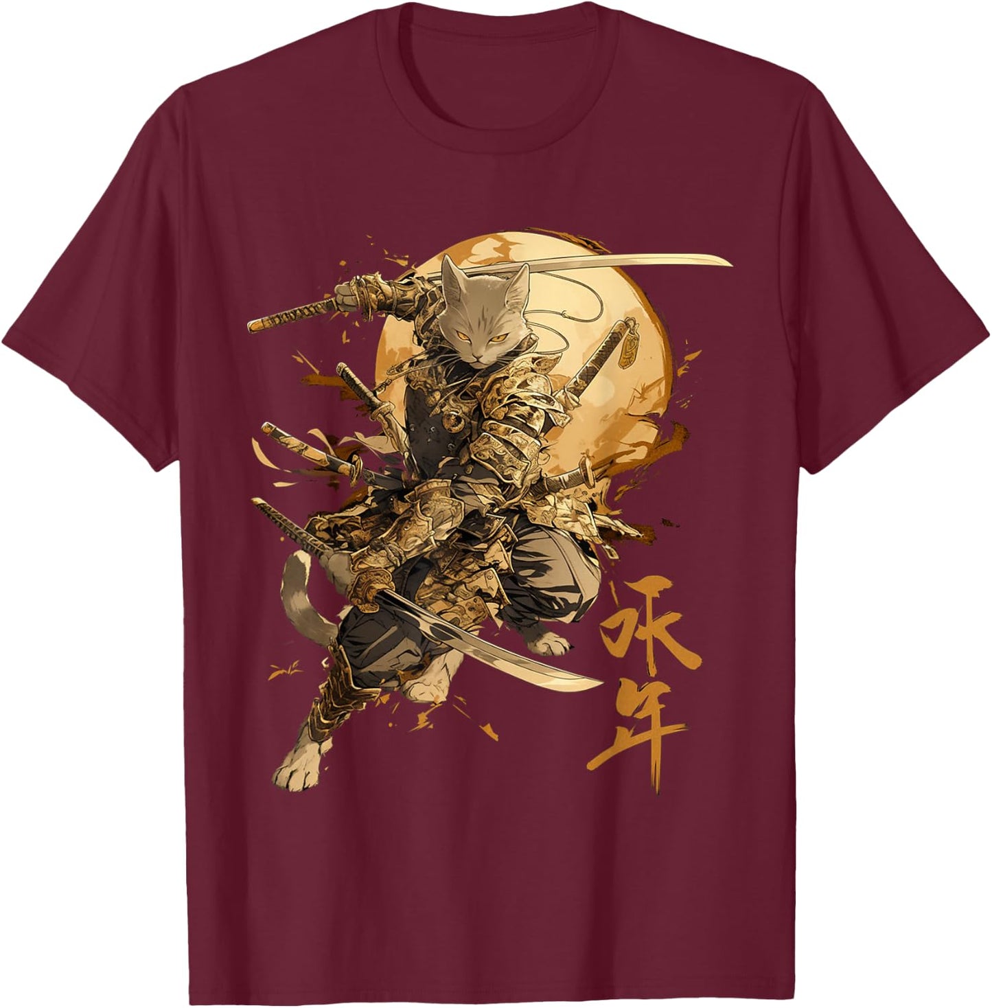Japanese Art Cat Ninja Ukiyo-e Anime Style Samurai Cat , Black, S T-Shirt - T-Shirt | Maroon