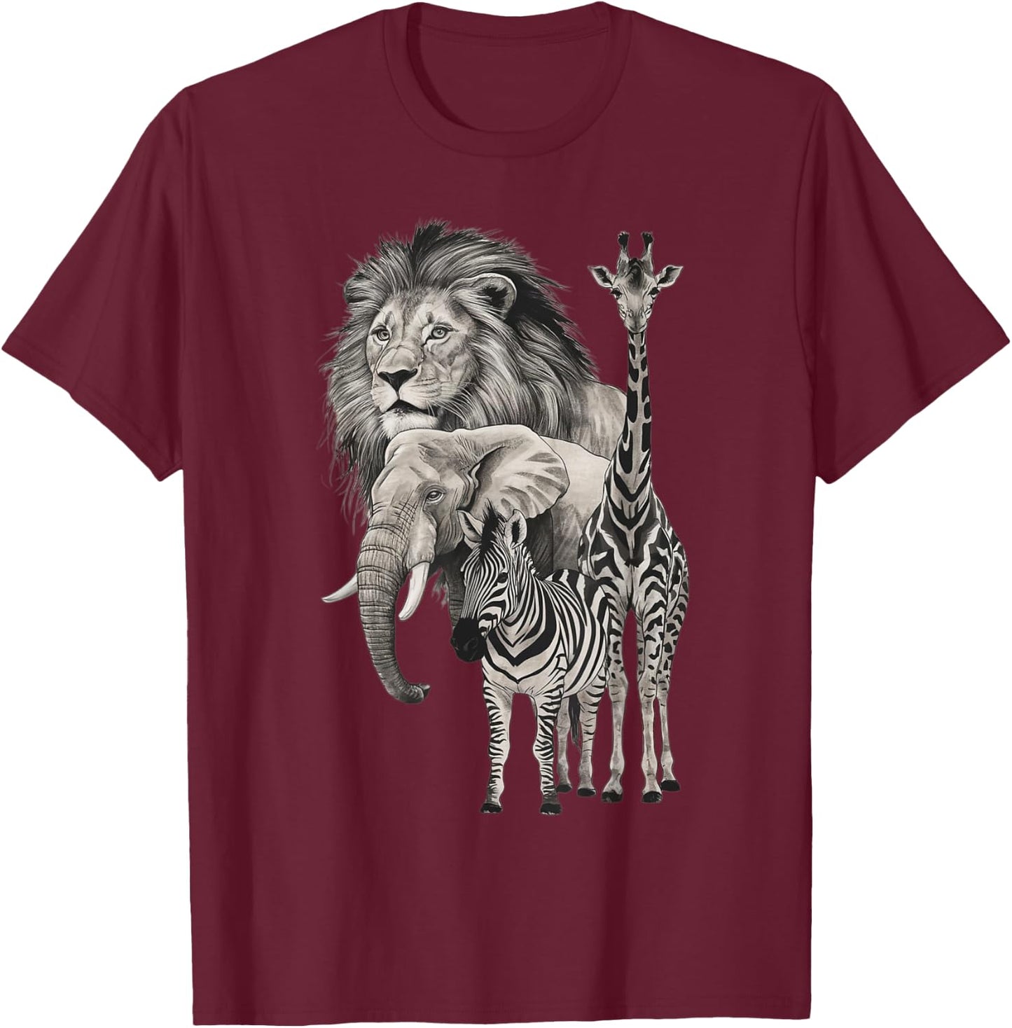 Africa, Lion, Elephant, Giraffe, Zebra, Fans , Black, S T-Shirt - T-Shirt | Maroon