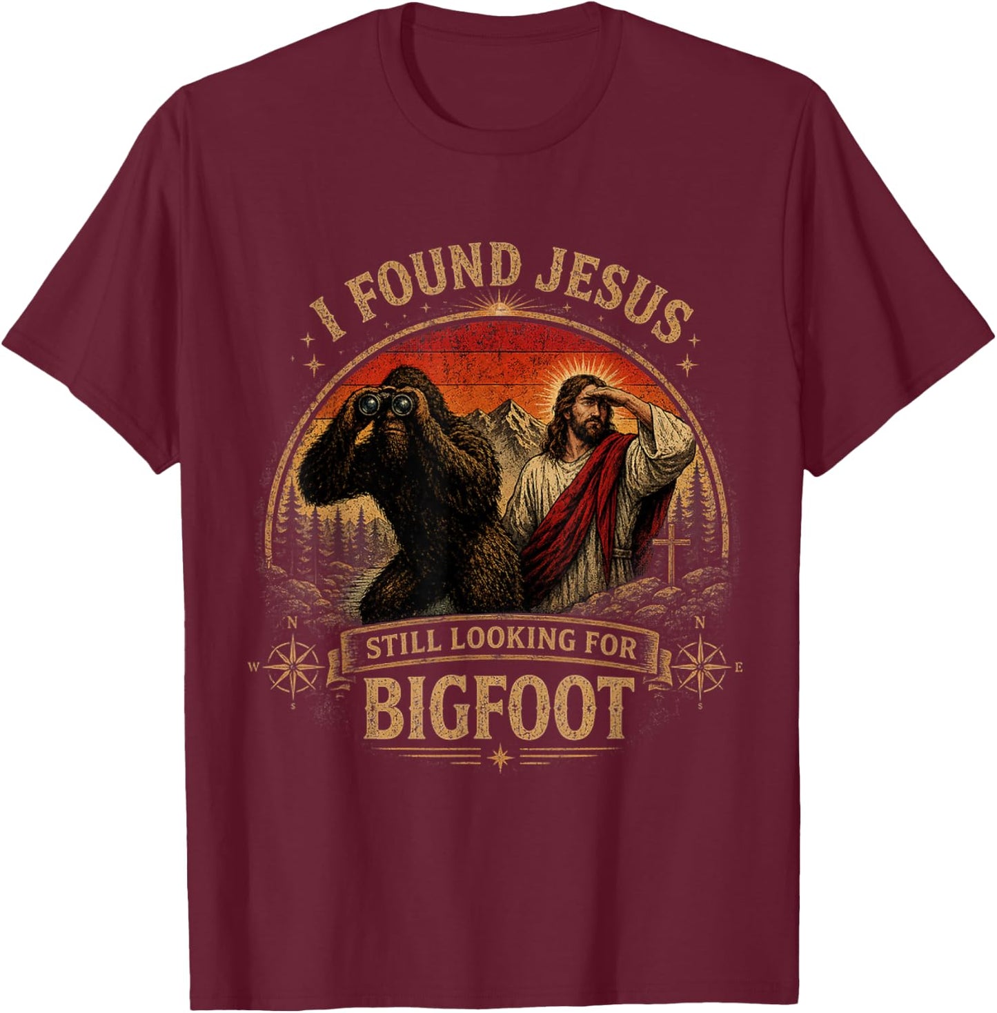 I Found Jesus Still Looking for Bigfoot Retro Vintage T-Shirt - T-Shirt | Maroon