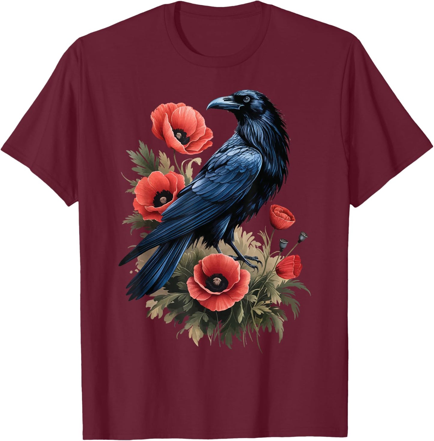 Raven Red Flowers Floral T-Shirt - T-Shirt | Maroon