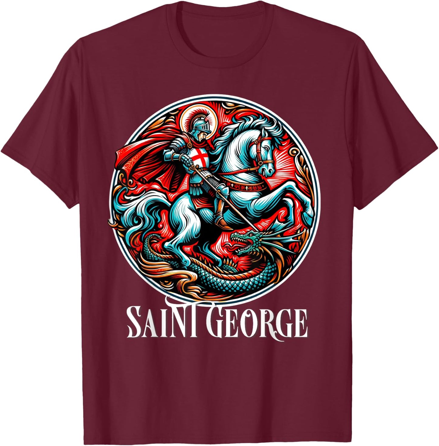 Saint George and the Dragon England Catholic T-Shirt - T-Shirt | Maroon