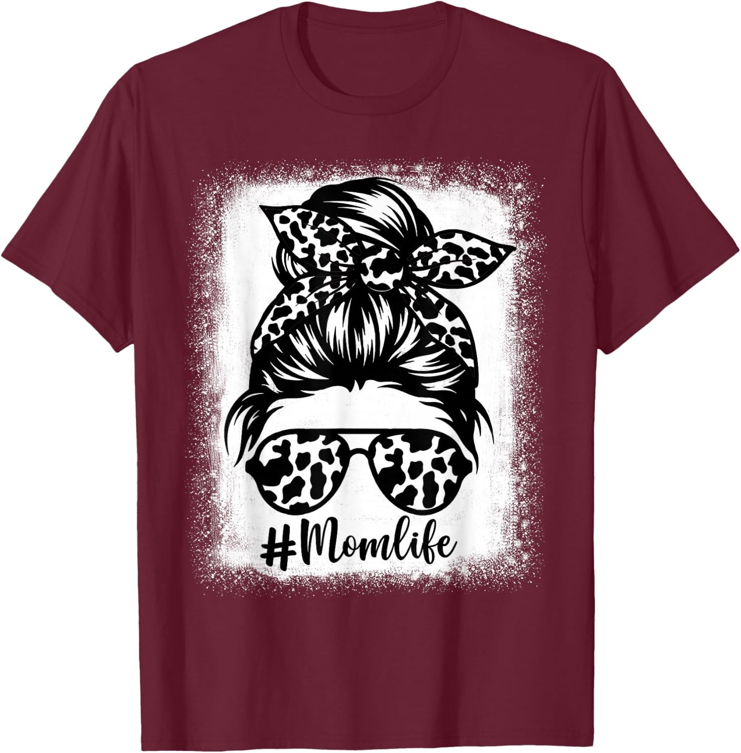 Women Mom Life Cow print Bleached, Cow Mama Heifer Messy Bun T-Shirt - T-Shirt | Maroon