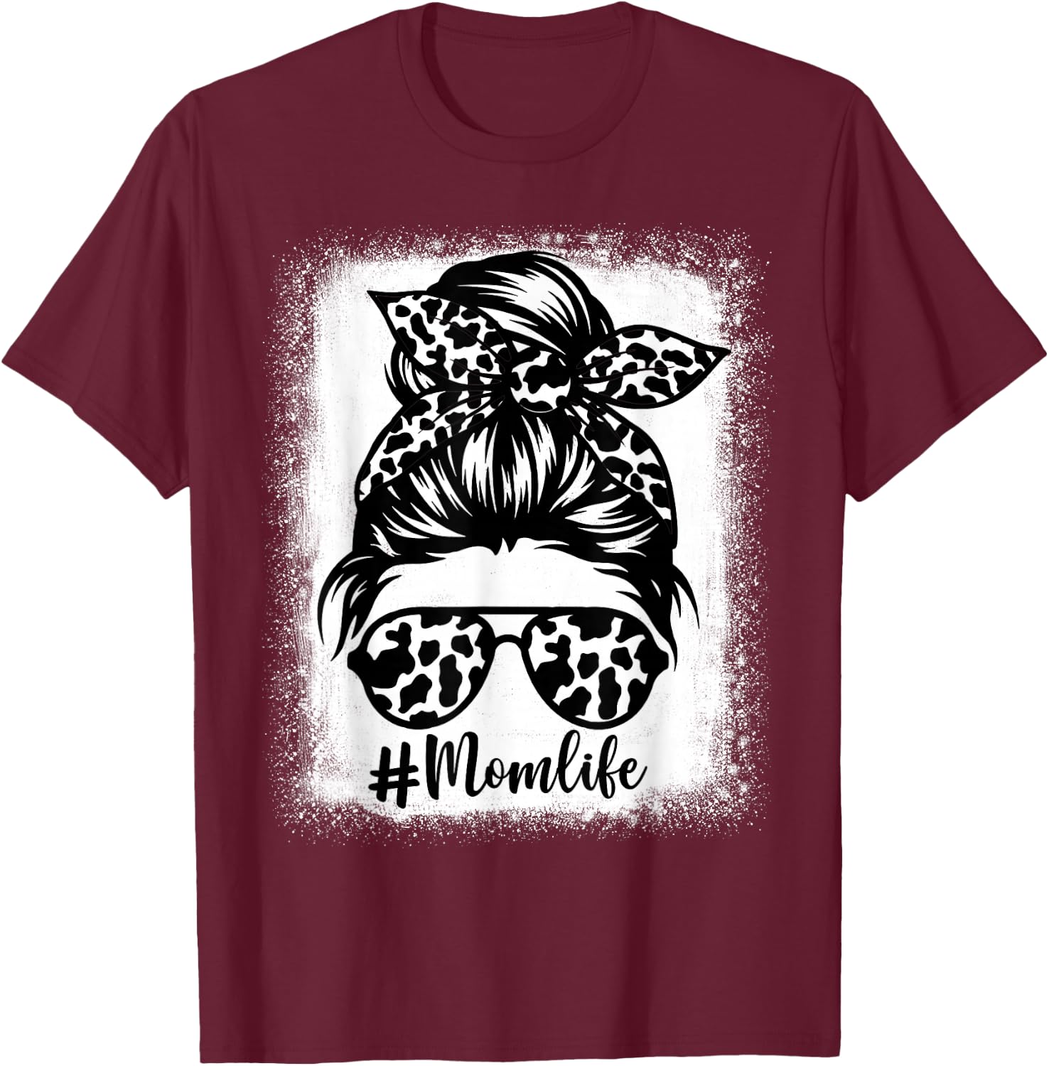 Women Mom Life Cow print Bleached, Cow Mama Heifer Messy Bun T-Shirt - T-Shirt | Maroon