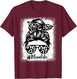 Women Mom Life Cow print Bleached, Cow Mama Heifer Messy Bun T-Shirt - T-Shirt | Maroon