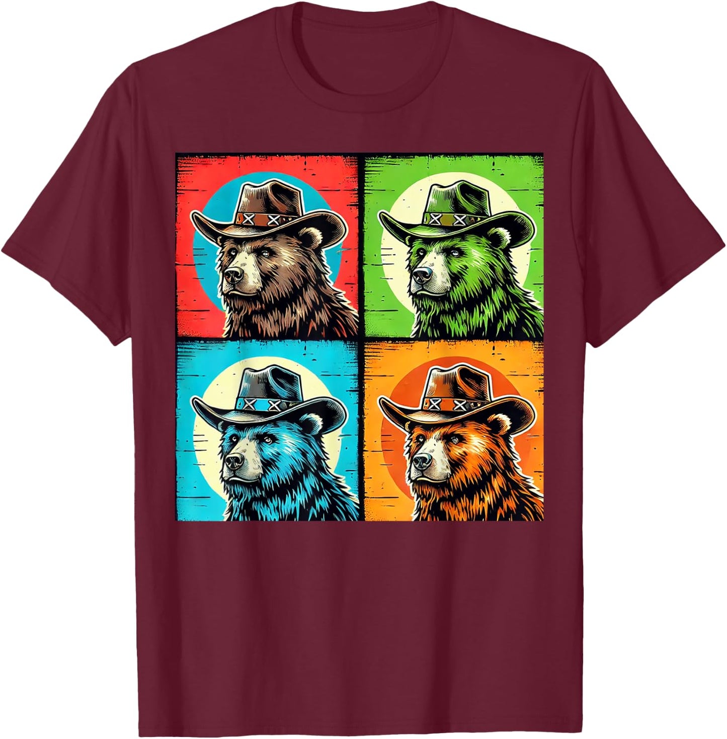 Cowboy Bear Design Colorful for Western Lovers Pop Art T-Shirt - T-Shirt | Maroon
