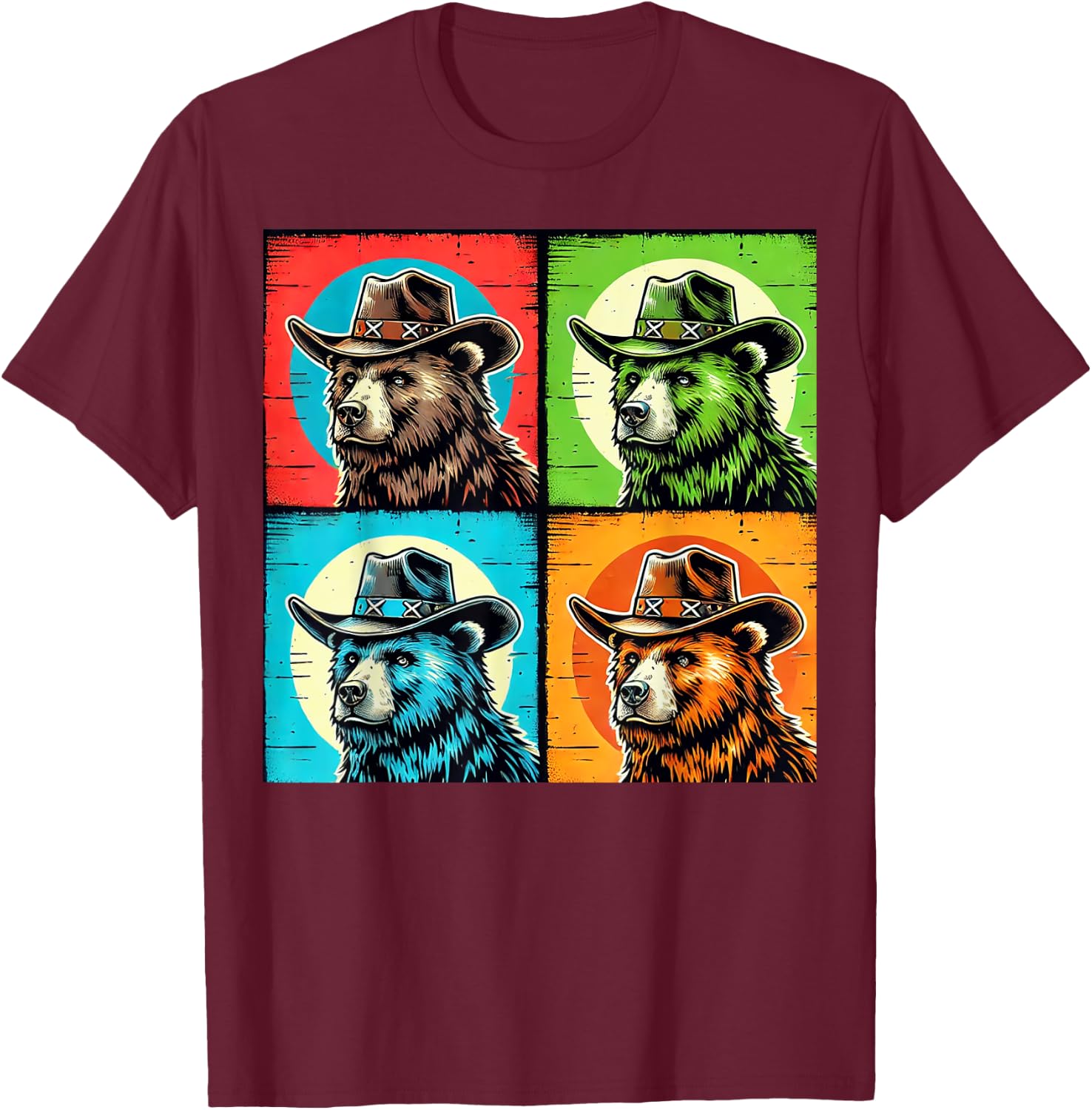 Cowboy Bear Design Colorful for Western Lovers Pop Art T-Shirt - T-Shirt | Maroon