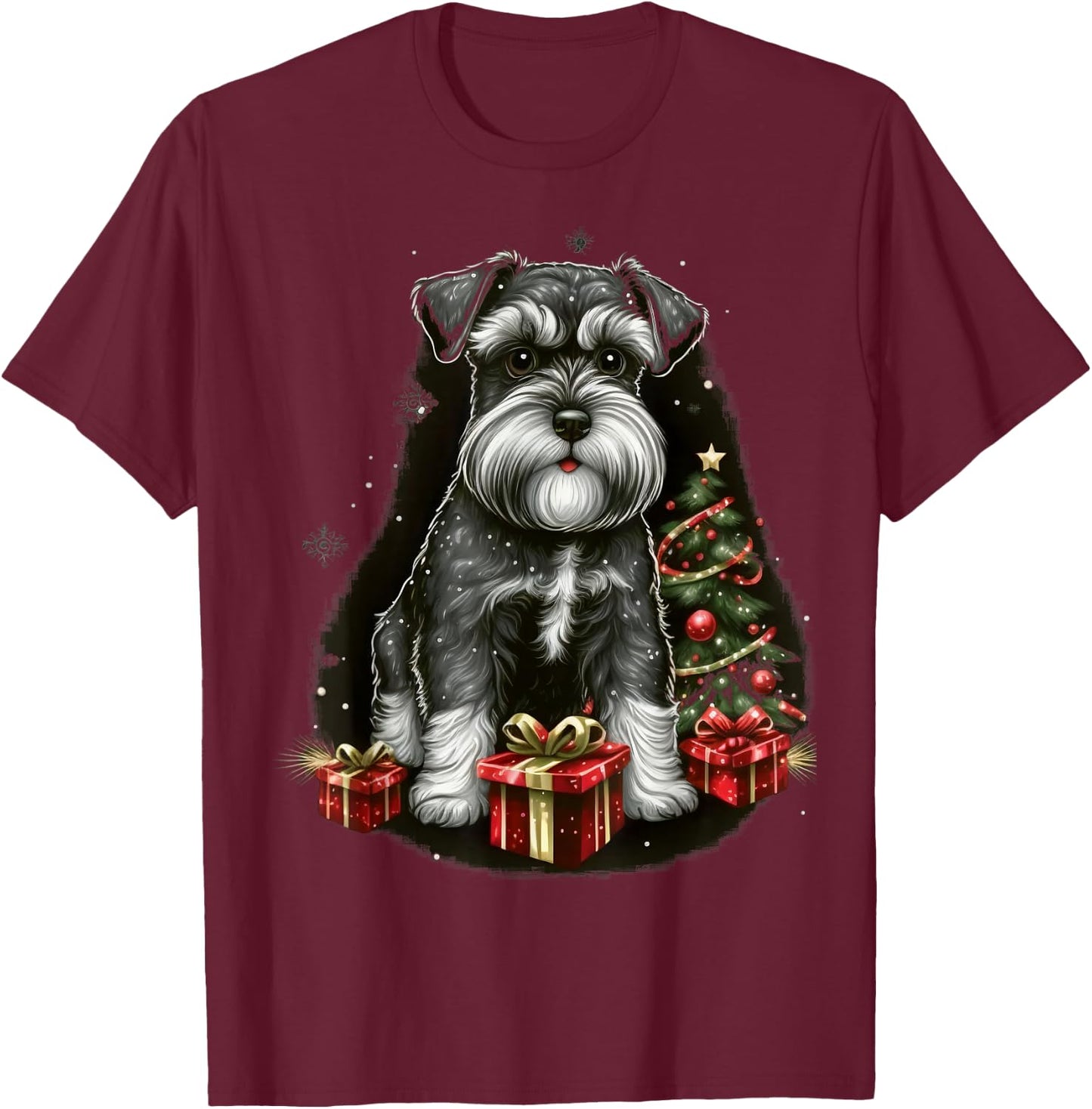 Xmas Dwarf Schnauzer Santa on Christmas Miniature Schnauzer T-Shirt - T-Shirt | Maroon