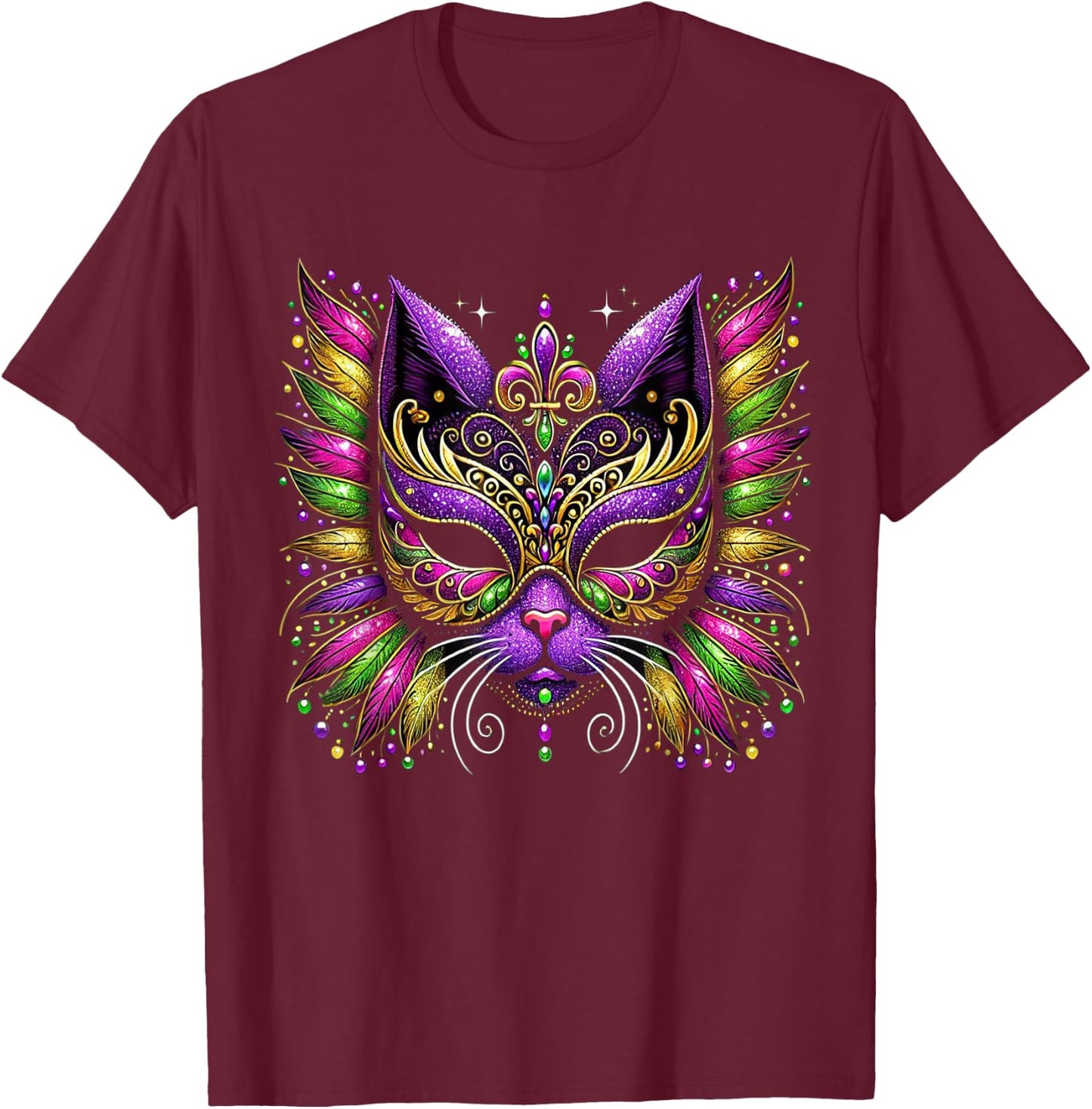 Mardi Gras Cat Mask New Orleans Women Kids Mardi Gras 2025 T-Shirt - T-Shirt | Maroon