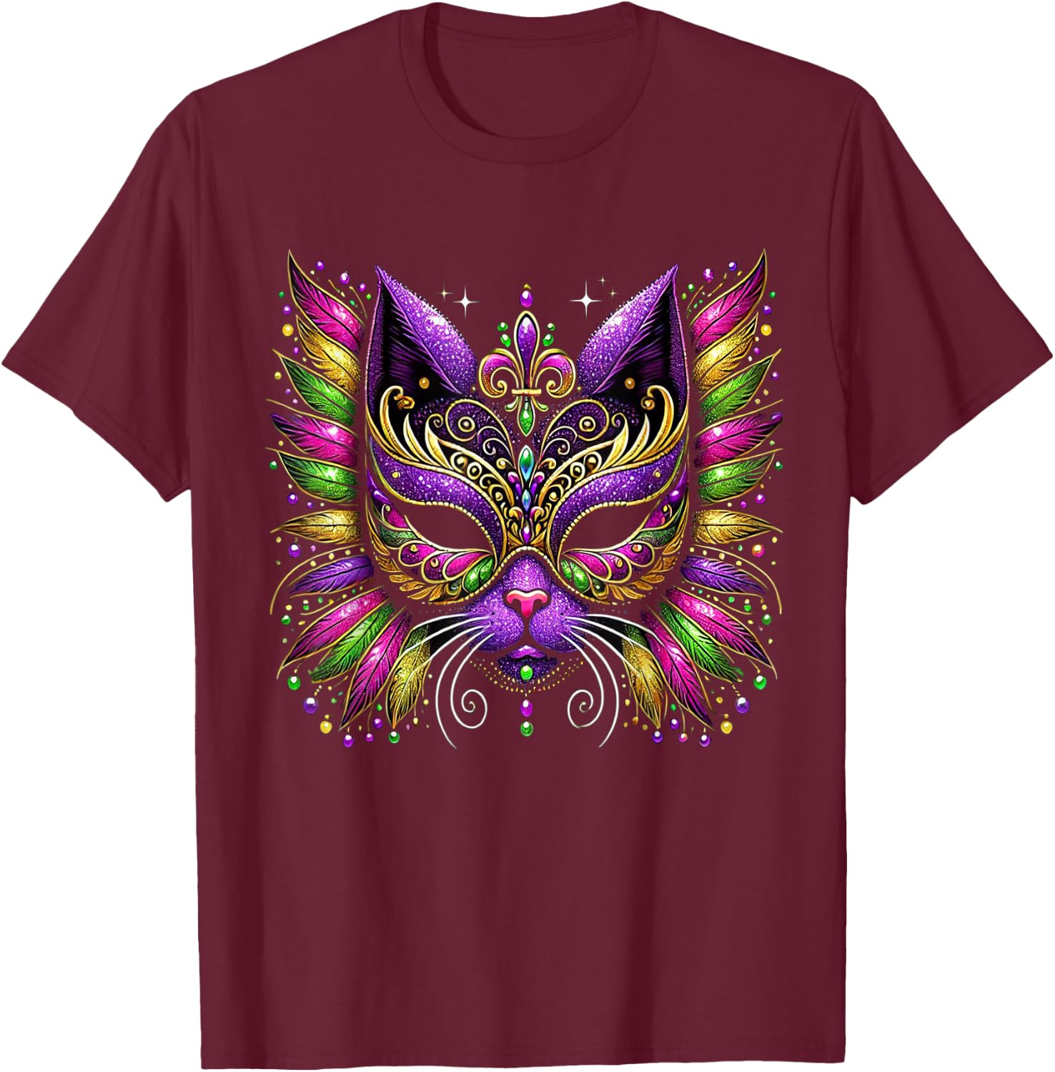 Mardi Gras Cat Mask New Orleans Women Kids Mardi Gras 2025 T-Shirt - T-Shirt | Maroon
