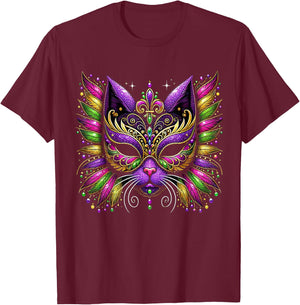 Mardi Gras Cat Mask New Orleans Women Kids Mardi Gras 2025 T-Shirt - T-Shirt | Maroon