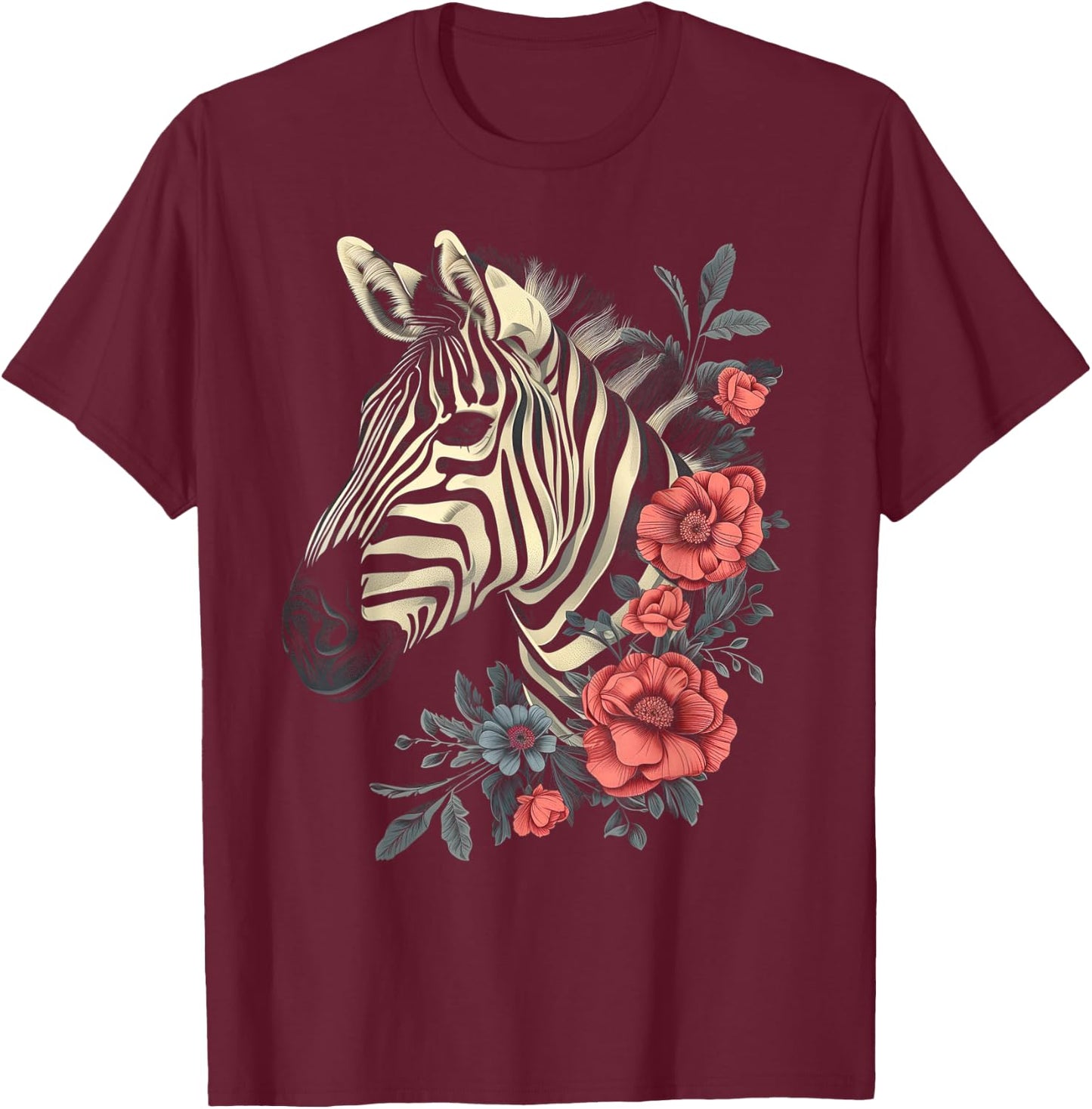 Zebra Vintage Flowers African Animal Zoo Keeper Zebra Lover T-Shirt - T-Shirt | Maroon