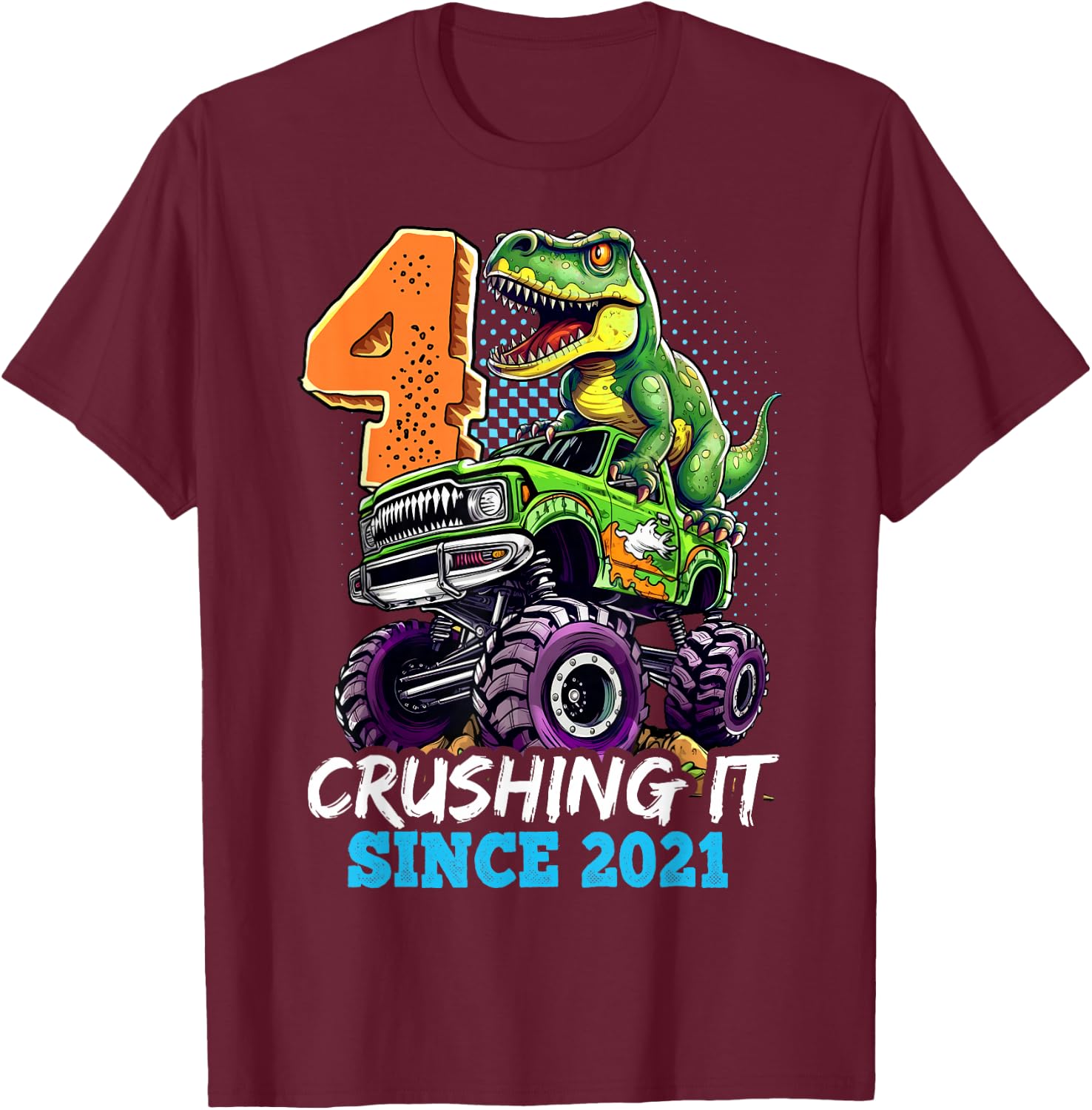 4th Birthday Monster Truck Dinosaur Party Boys Rawr I'm 4 T-Shirt - T-Shirt | Maroon