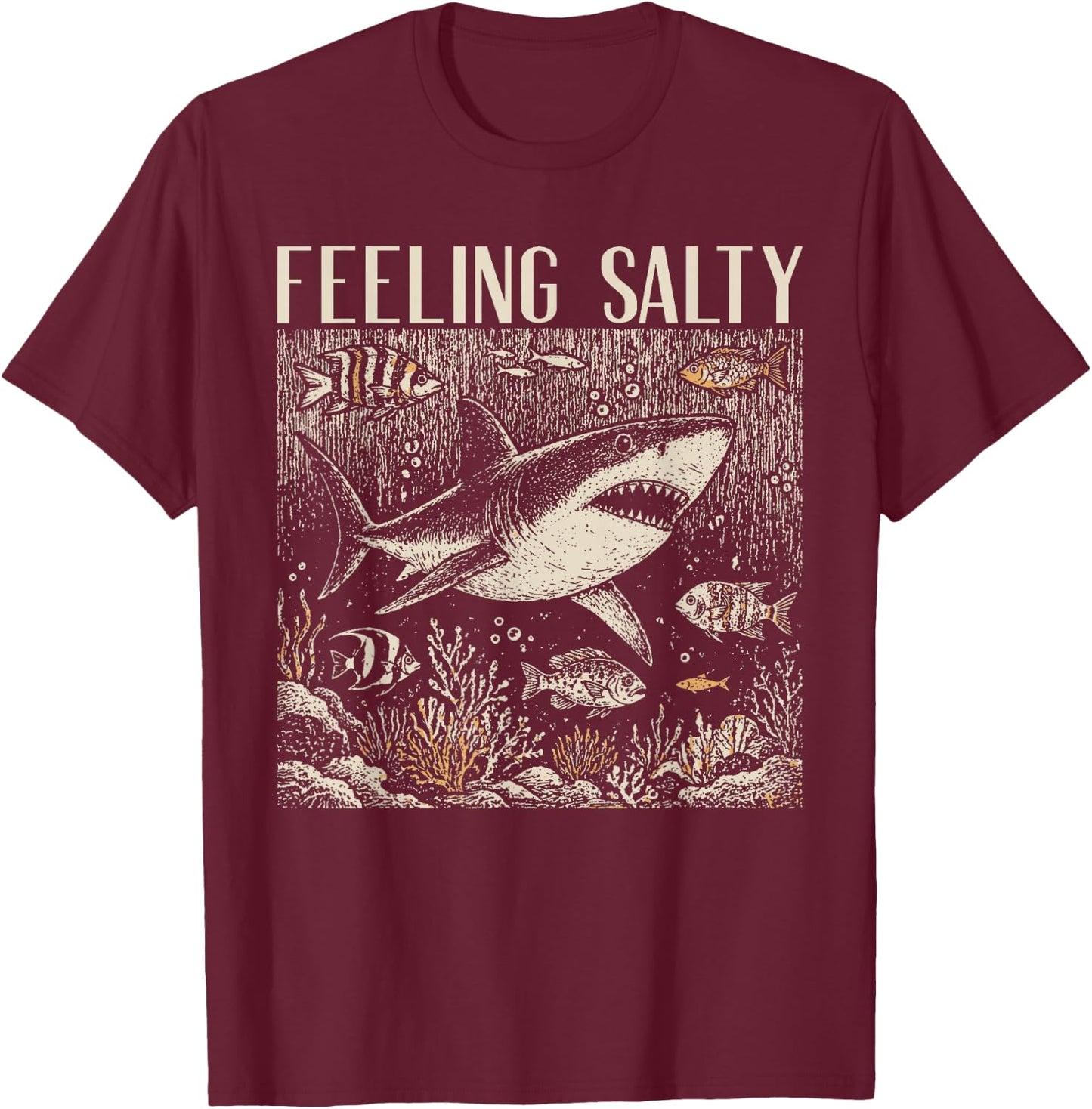 Feeling Salty Shark Ocean Vintage Marine Life Beach Lovers T-Shirt - T-Shirt | Maroon