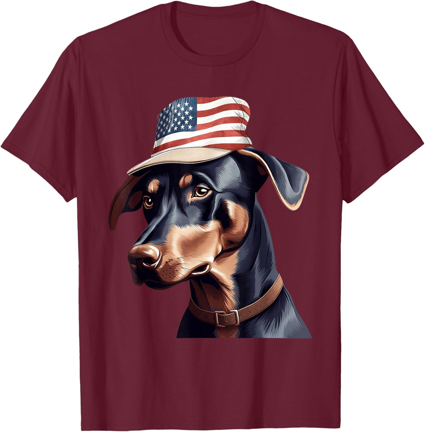 Doberman Pinscher with USA Flag Independence Day 4th of July T-Shirt - T-Shirt | Maroon