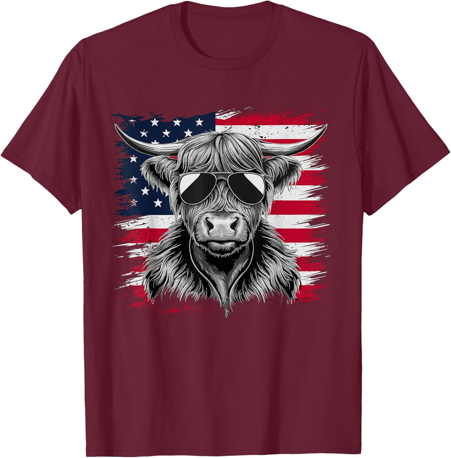 American Flag Highland Cow of July Cow Lover T-Shirt - T-Shirt | Maroon
