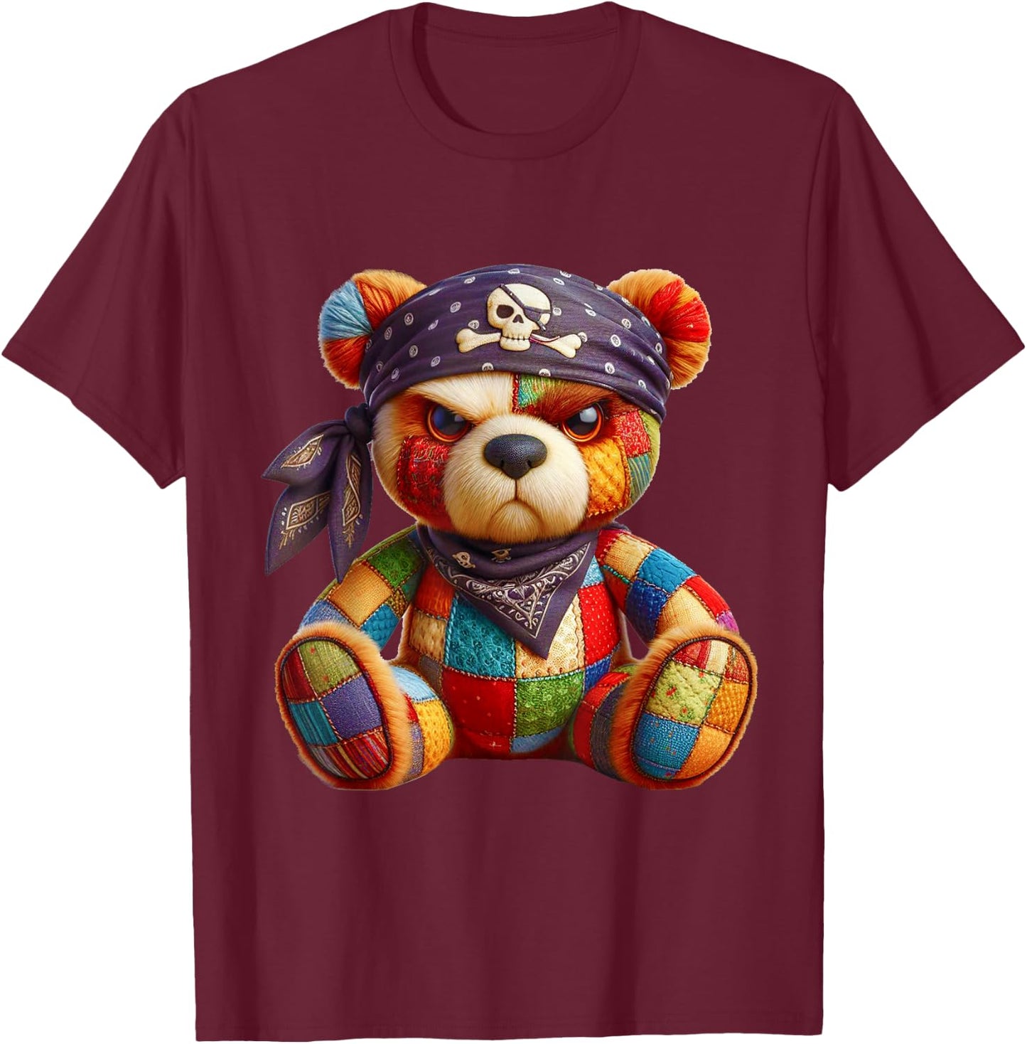 Pirate Bear Patchwork - Adventure & Style T-Shirt - T-Shirt | Maroon