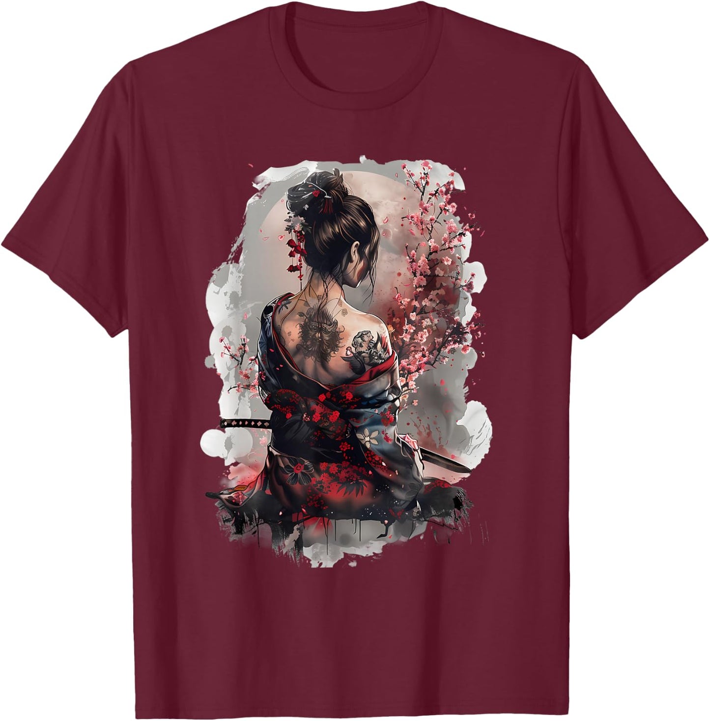 Japanese Samurai Girl Sakura Cherry Blossom Japanese Geisha , black T-Shirt - T-Shirt | Maroon