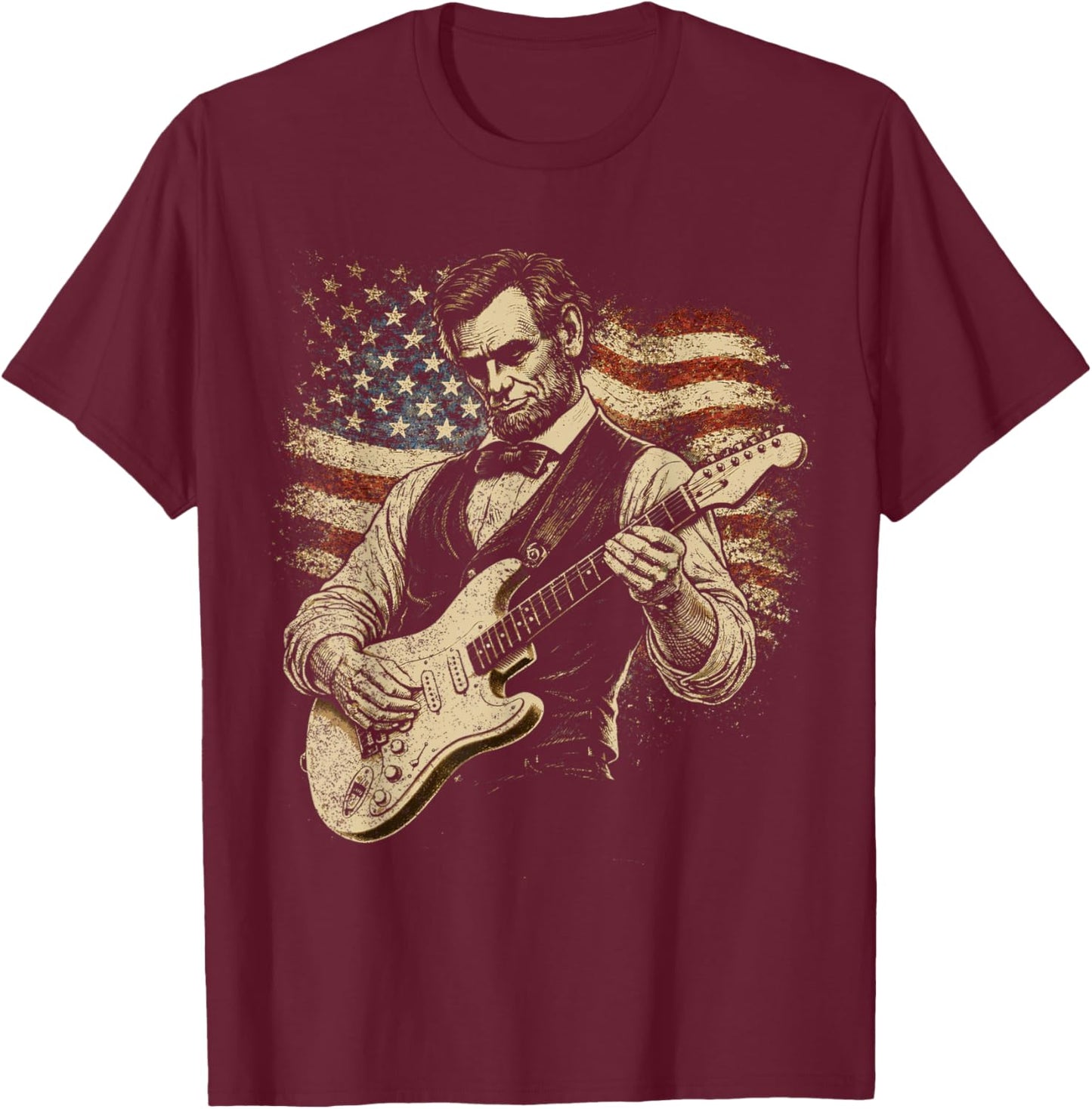 Abraham Lincoln Abe Lincoln Playing Guitar Retro Vintage T-Shirt - T-Shirt | Maroon