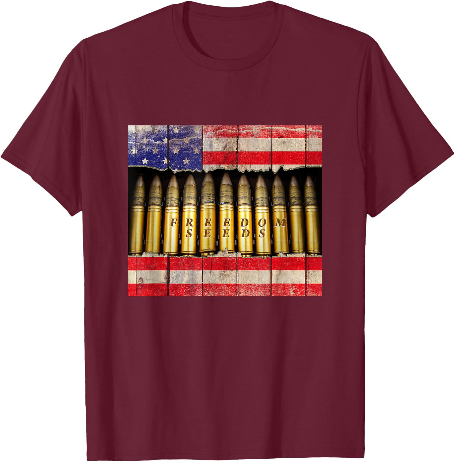 Patriotic Bullets Supply: Freedom Seeds American Flag Ammo T-Shirt - T-Shirt | Maroon