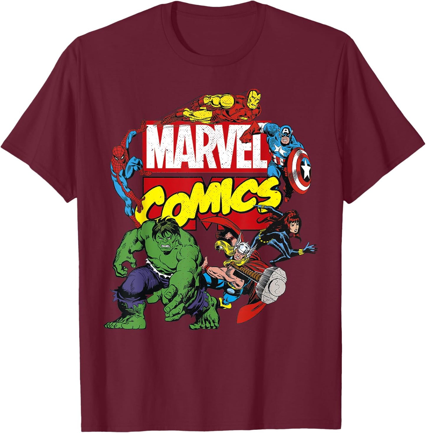 Marvel Comics Avengers Group Shot Around Logo Poster T-Shirt - T-Shirt | Maroon