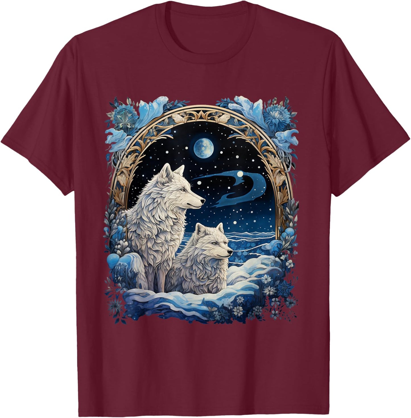 Winter Wolves Peaceful Snowscape Portrait Art Noveau T-Shirt - T-Shirt | Maroon