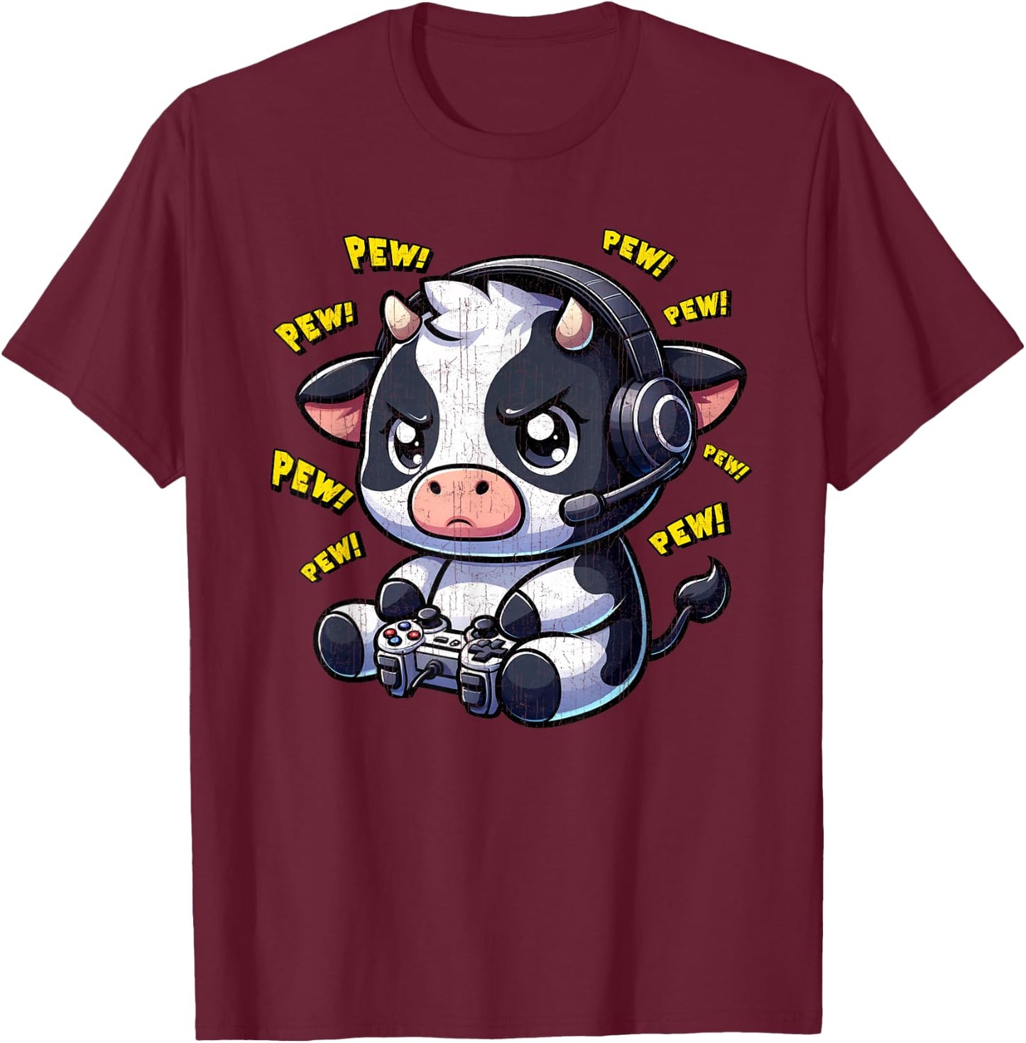 Cow Gamer Pew Funny Video Games Vintage Boys Men Girls T-Shirt - T-Shirt | Maroon