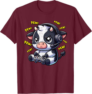 Cow Gamer Pew Funny Video Games Vintage Boys Men Girls T-Shirt - T-Shirt | Maroon