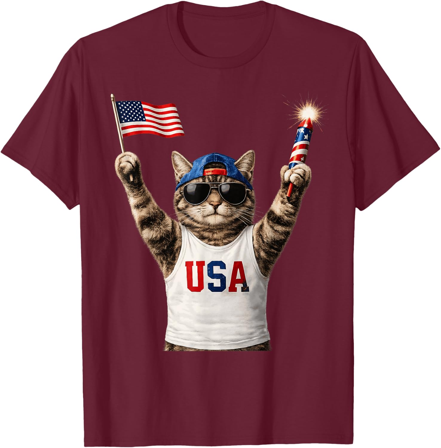 Funny Patriotic Cat USA Flag Fireworks America 250 T-Shirt - T-Shirt | Maroon