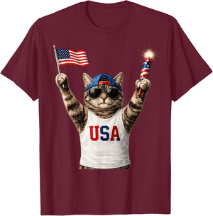 Funny Patriotic Cat USA Flag Fireworks America 250 T-Shirt - T-Shirt | Maroon