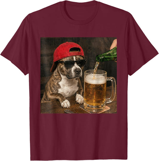 Funny Pit Pull Drinking Beer Humor Puppy Dog Meme Men Women T-Shirt - T-Shirt | Maroon