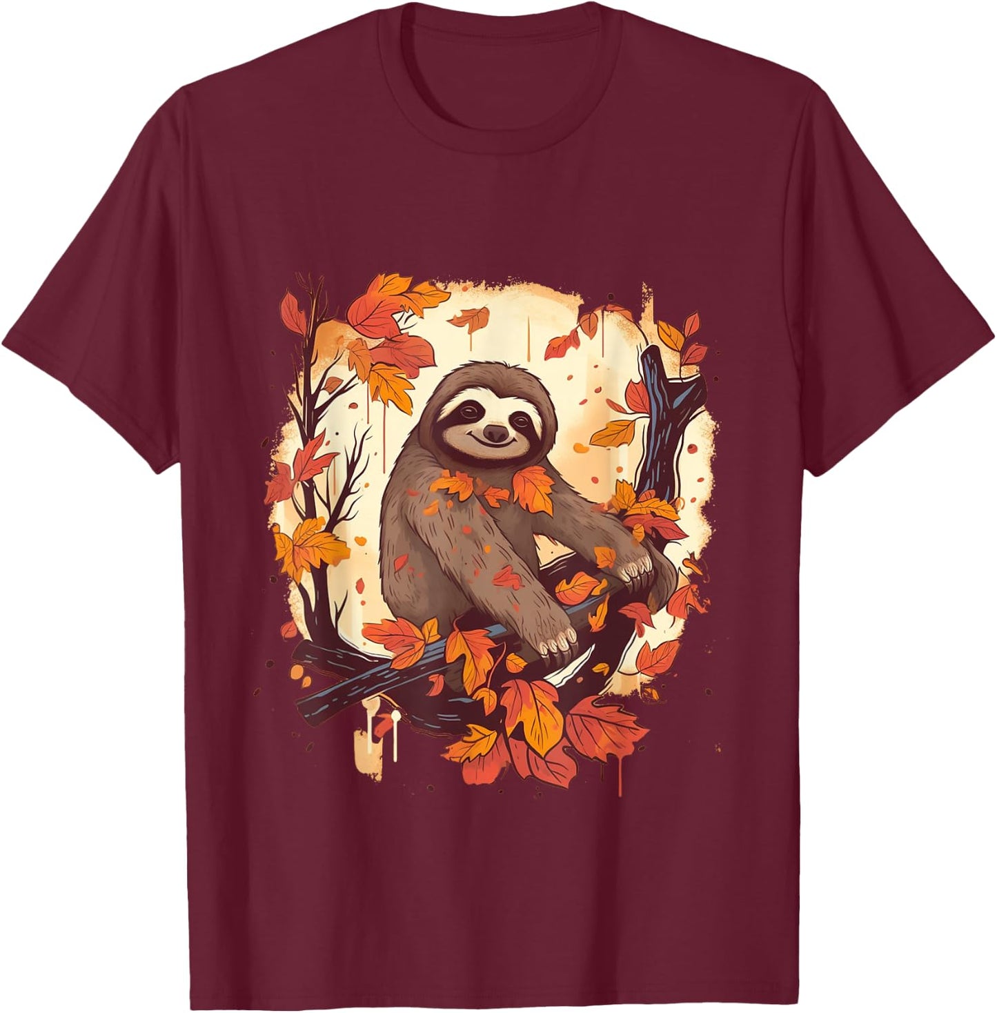 Sloth Fall Leaves Thanksgiving Day Animal Men Women Kids T-Shirt - T-Shirt | Maroon