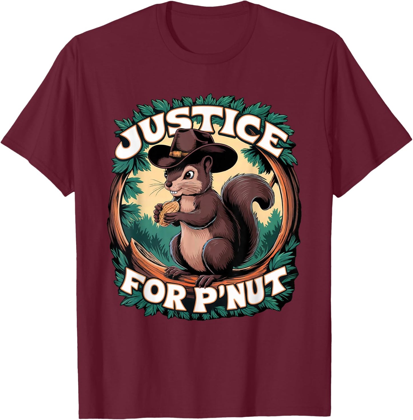 P'Nut The Squirrel and Fred The Raccoon Memorial - -Child Cute Peanut The Squirrel Cowboy Black Cartoon , Small, Short Sleeve, , Classic Fit, Polyester 100% T-Shirt - T-Shirt | Maroon