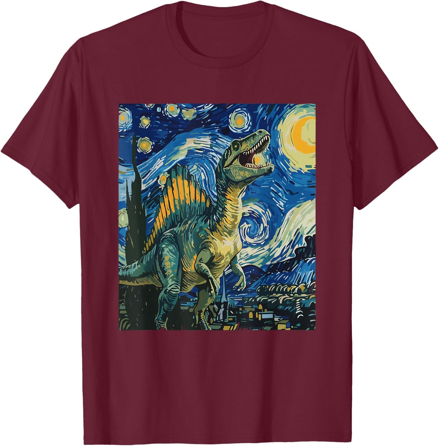 Spinosaurus Mirabilis Dinosaur Starry Night Art T-Shirt - T-Shirt | Maroon
