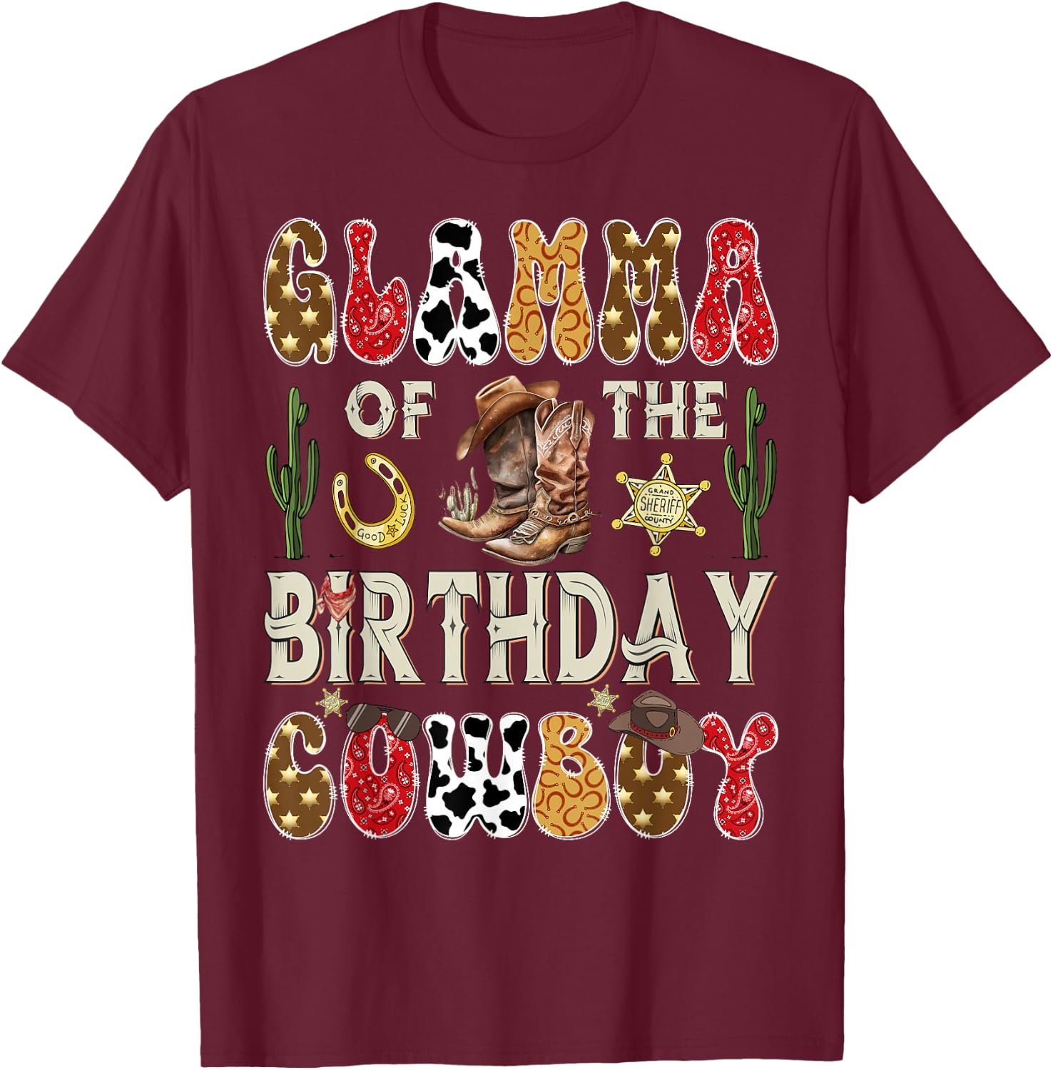 Glamma of The Birthday Cowboy Western Groovy Rodeo Glamma T-Shirt - T-Shirt | Maroon