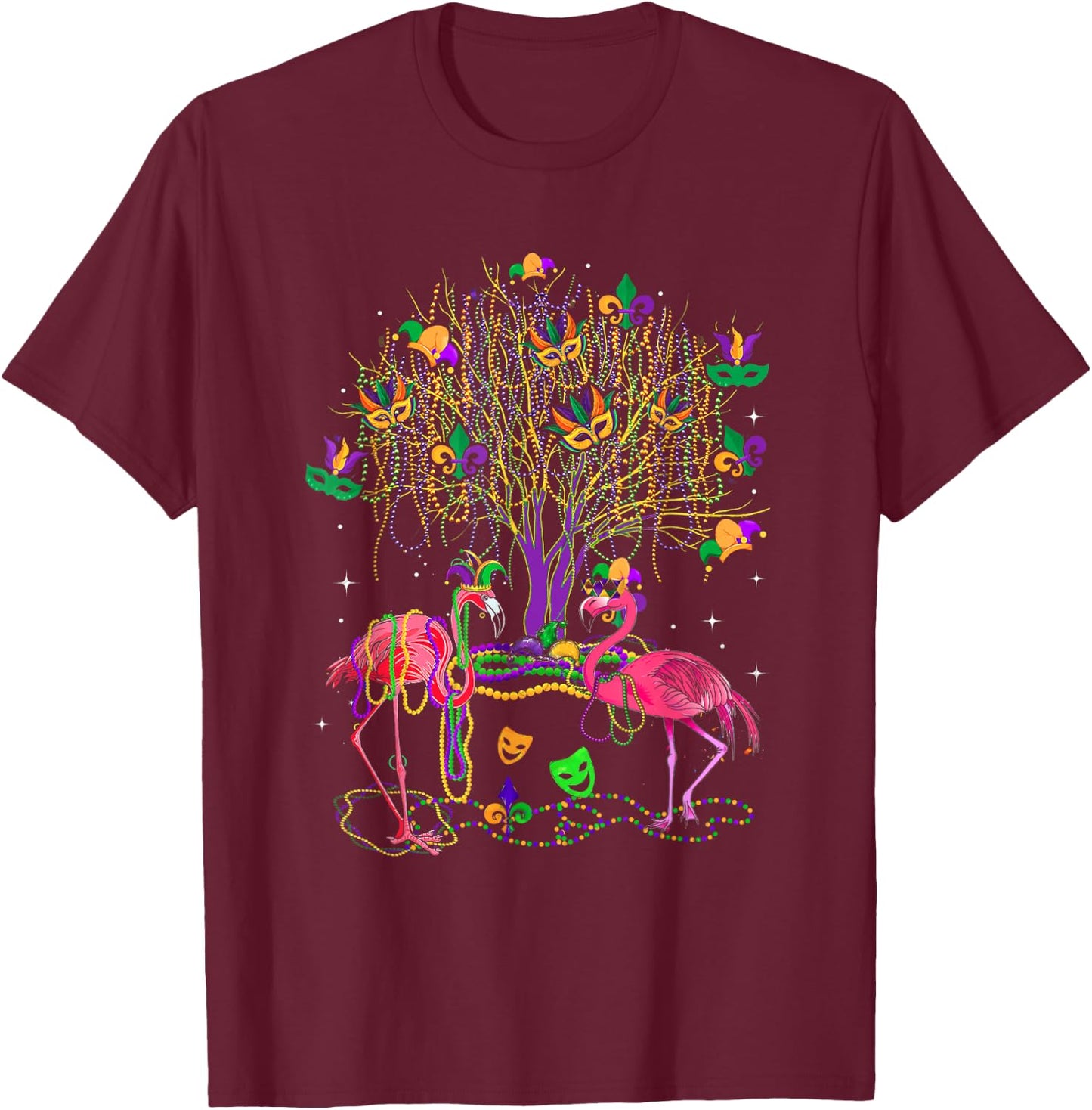 Mardi Gras Flamingo Bird Parade Fleur-de-lis Carnival Party T-Shirt - T-Shirt | Maroon