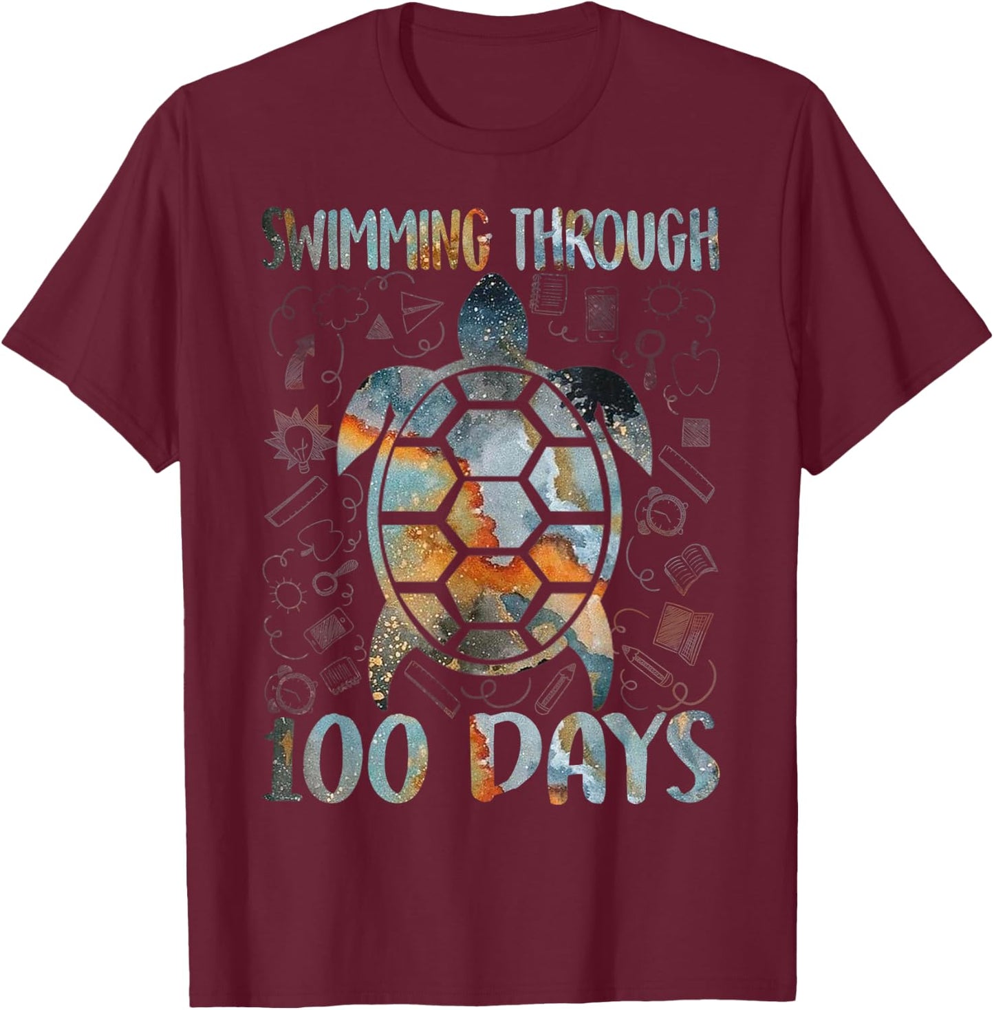 Turtle Sea Swimming Through 100 Days Of School Teacher Men Women Kids T-Shirt - T-Shirt | Maroon