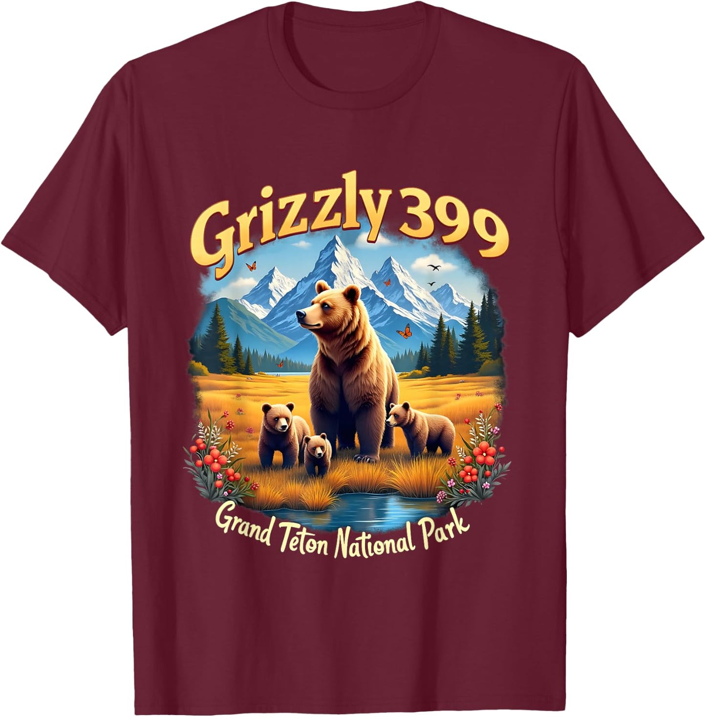 Retro Bear Grizzly 399 Wild & Free Grand Teton National Park T-Shirt - T-Shirt | Maroon