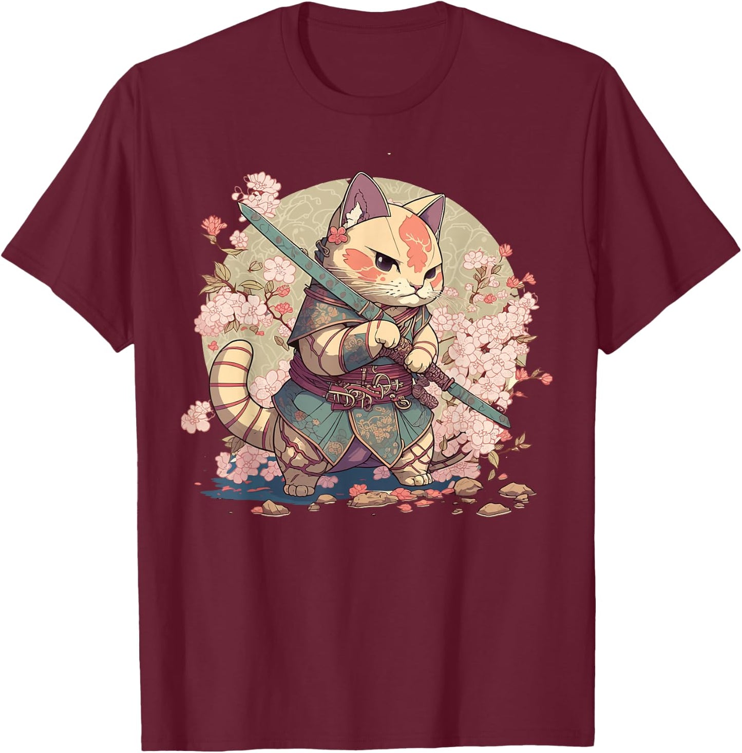 Samurai Cat Warrior Japanische Ninja Katze Kawaii T-Shirt - T-Shirt | Maroon
